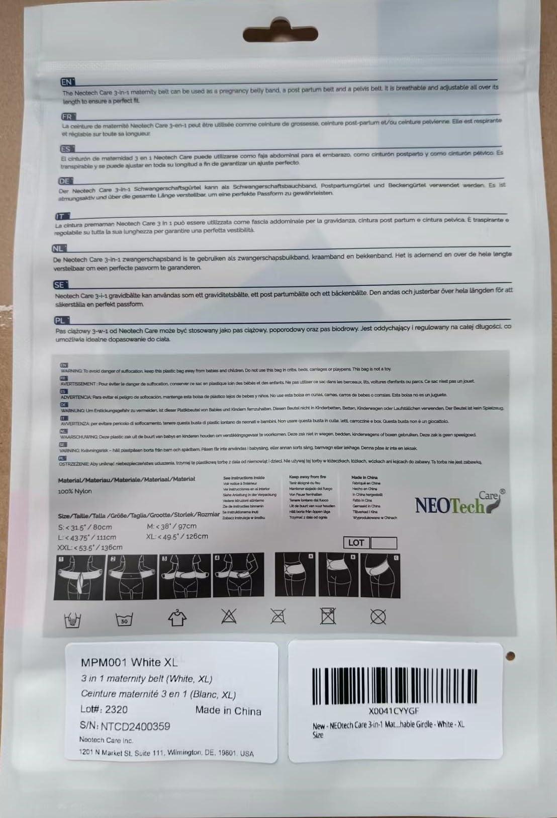 NEOtech Care Neotech Care 3-in-1 Maternity Pregnancy Support, Postpartum Belly Wrap & Pelvis Belt/Brace/Band - Breathable Girdle - White - XL Size