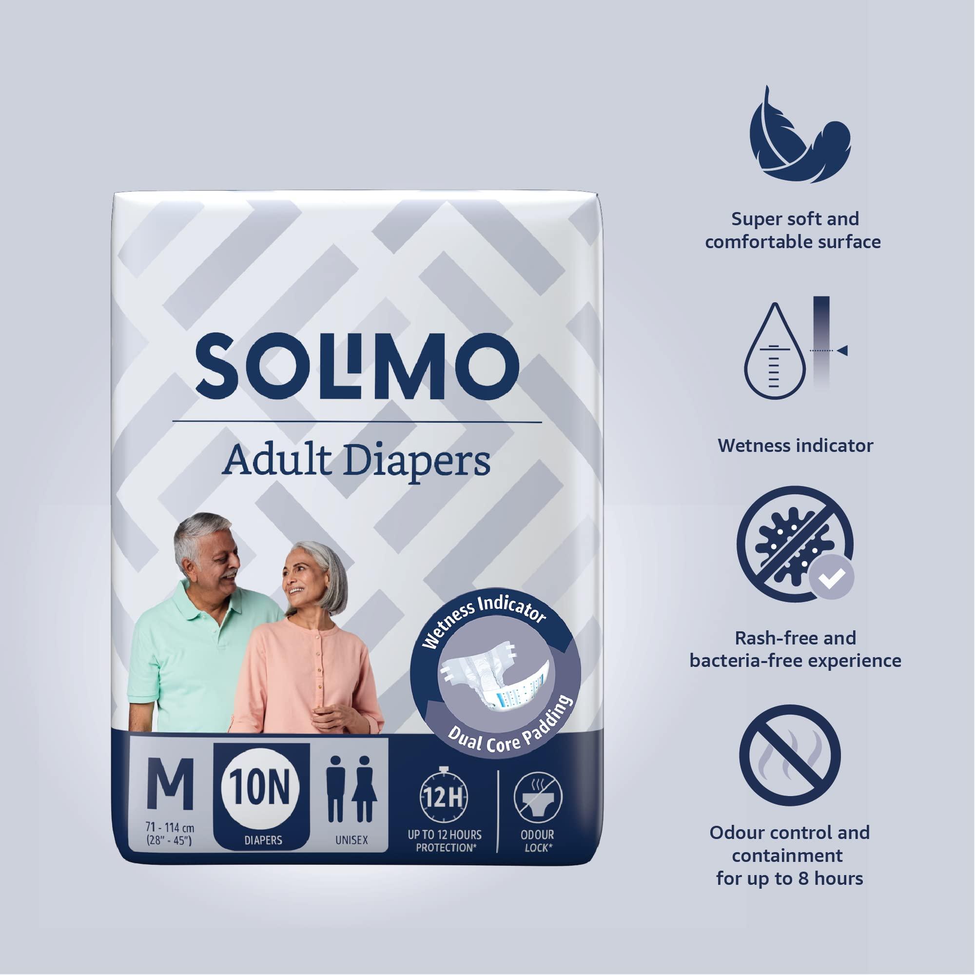 Amazon Brand - Solimo Amazon Brand - Solimo Adult Diapers Tape Style Medium (M) Size, 30 Count | 71-114 cm (28\'\' - 45\'\') | with Fast absorption, Leak Proof, Unisex
