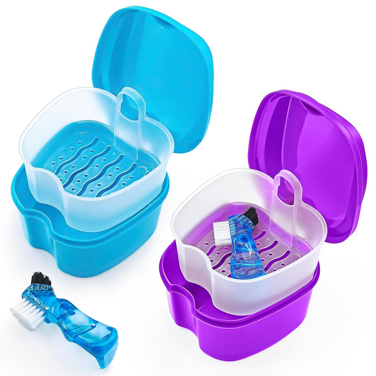 Keedolla 2 Pack Denture Case Dental Mouthguard Case, Denture Bath Box Cleaning with Brush, Strainer Basket and Lid Waterproof - Purple and Blue