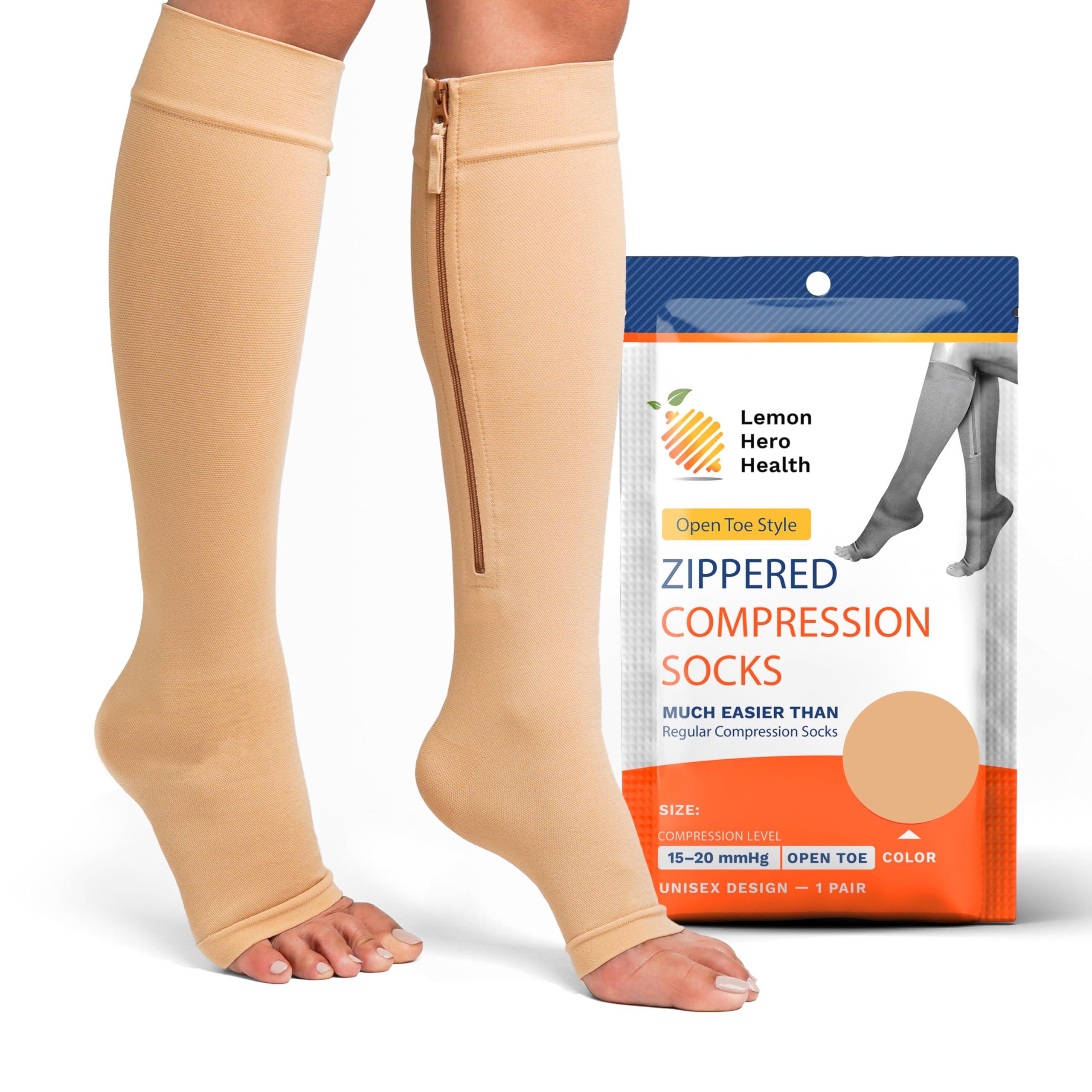 Lemon Hero Lemon Hero Medical Compression Socks - Open Toe 15-20 mmHg Zipper Compression Stockings for Men and Women Lightweight compression socks for Pregnant Women & Nurses Large, Beige [1 Pair]