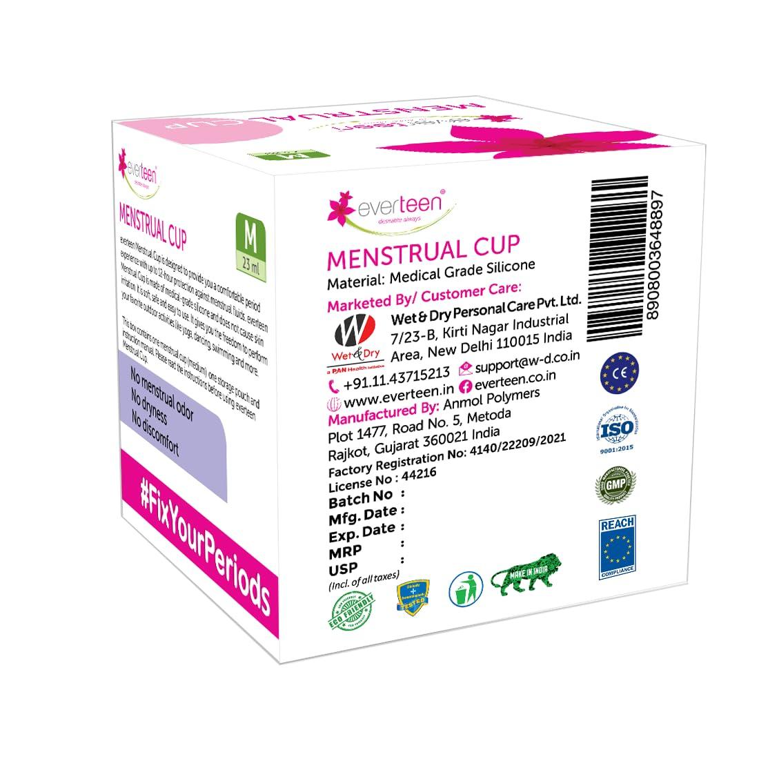 Everteen everteen Medium Menstrual Cup for Periods | Odor-Free, Rash-Free, No Leakage | 12-Hour Protection | Reusable For Up To 10 Years | Medical-Grade Silicone | Free Pouch | Sanitary Cup for Feminine Hygiene - 1 Pack