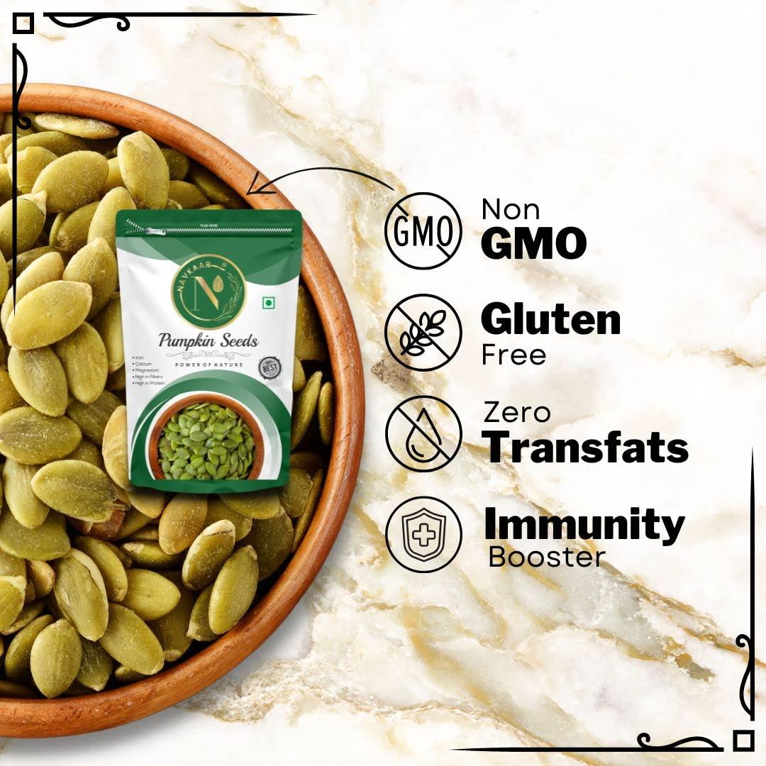 NAVKAAR Navkaar Organic Pumpkin Seeds 1kg - Raw & Unroasted Pumpkin Seeds for Eating | Kaddu Magaj | Kaddu Ke Beej | Healthy Diet, Immunity Booster and Fiber Rich | Pack of 5 (5x200g)