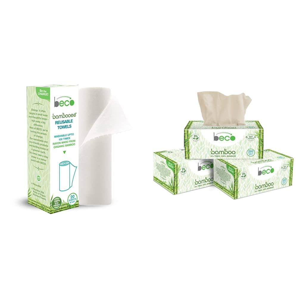 beco Reusable Kitchen Towel Roll (20 Sheets) Natural & Organic Bamboo Cloth No Tree Paper Towels and Biodegradable & Eco Friendly Brand Beco! Bambooee Natural Facial Tissue Carbox 200 Pulls (Pack of 3)