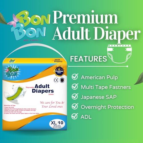 BON BON BonBon Premium Adult Diaper Tape Style Large - 10 Count with Soft Ultra Leak Guard and Anti-Bacterial Absorbent Core (L- 39-59 INCH)