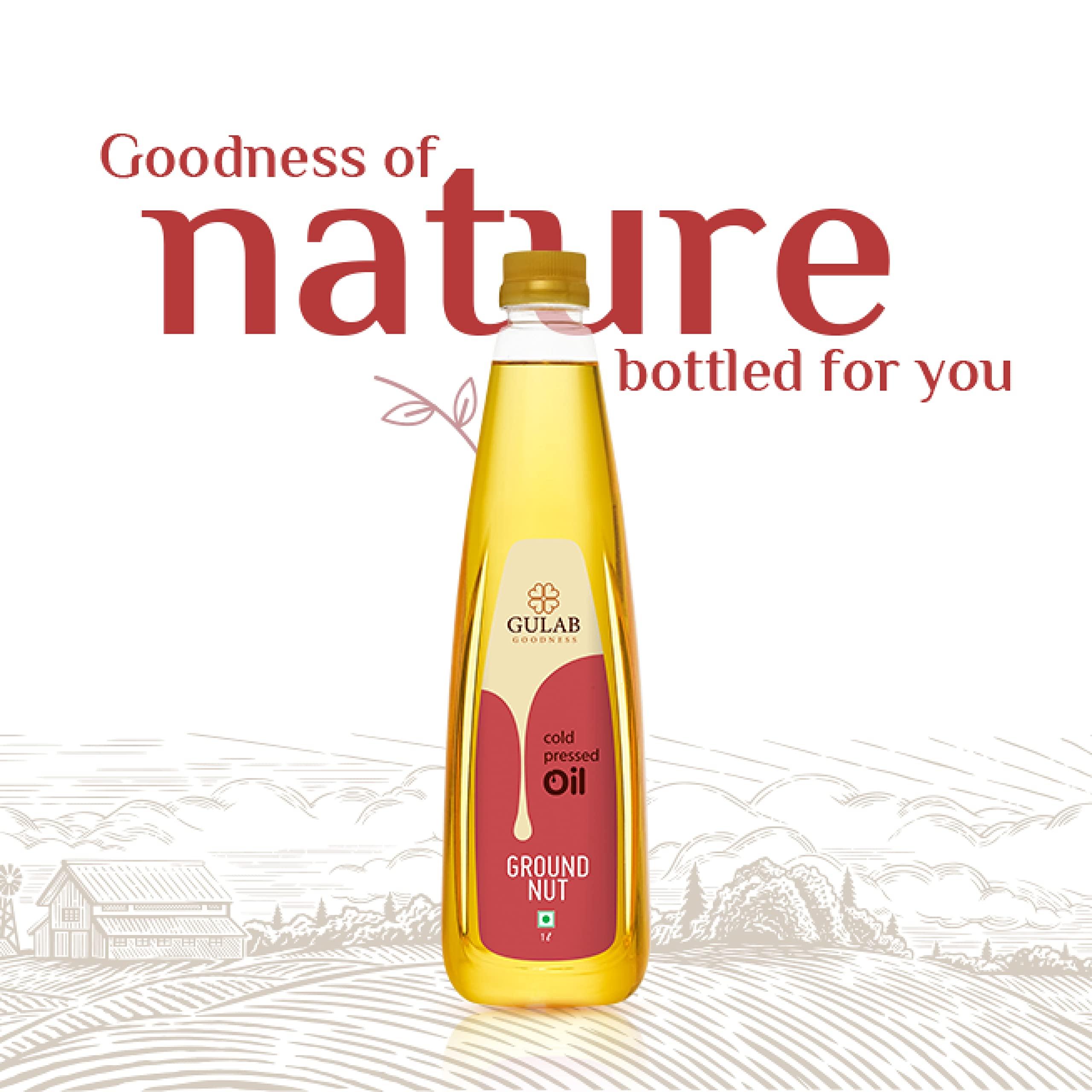 GULAB Gulab Cold Pressed Groundnut Oil - 1 Litre | Peanut Oil | Sing Tel | Kolhu / Kachhi Ghani / Chekku / Wood Pressed | Natural Oil | Chemical Free
