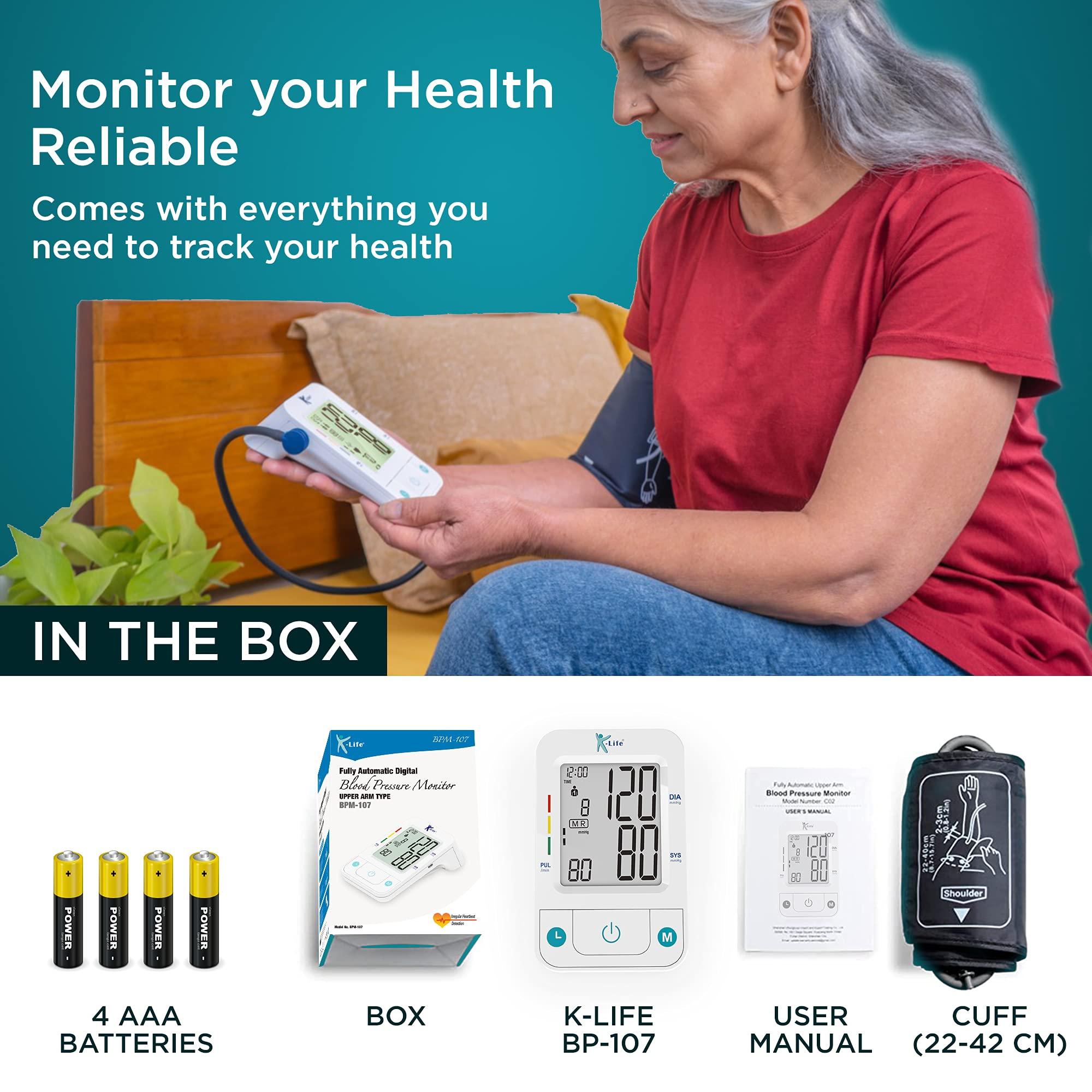 K-Life K-Life - BPM-107 Fully Automatic Digital Electronic Blood Pressure Monitor - Portable Digital Blood Pressure Machine - Accurate Measurement Blood Pressure Monitor Digital bp moniter - White