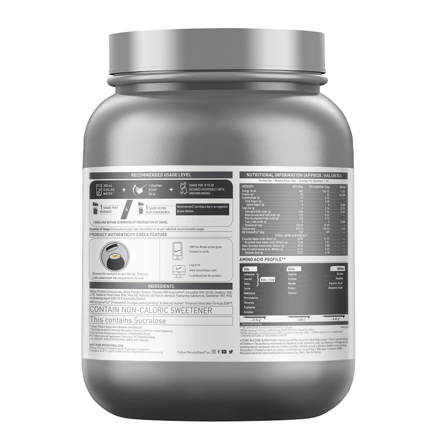 MuscleBlaze MuscleBlaze Biozyme Performance Whey Protein | Clinically Tested 50% Higher Protein Absorption | Informed Choice UK, Labdoor USA Certified & US Patent Filed EAF (Kesar Thandai, 750 g / 1.65 lb)