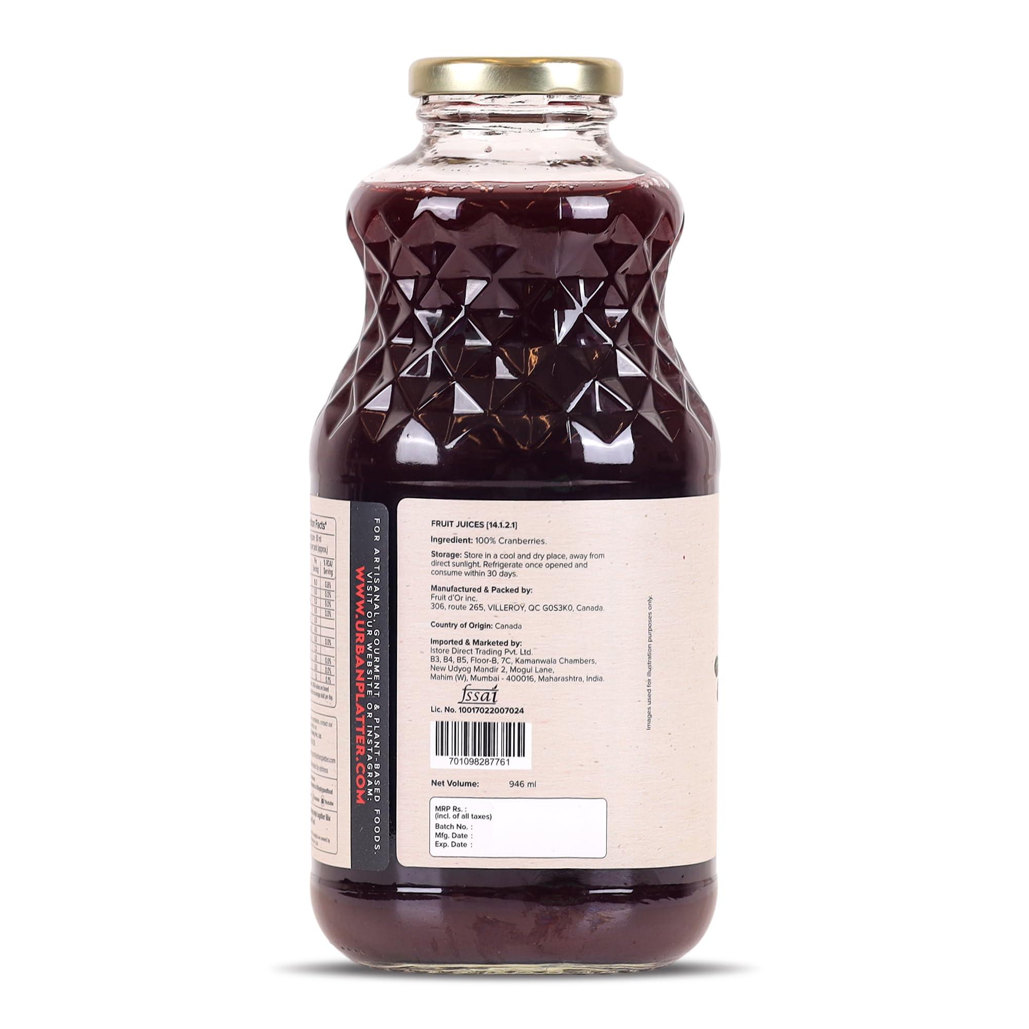 urban platter Urban Platter Canadian Cranberry Juice, 1 Litre (Unsweetened, No Added Sugar, 100% Natural Cranberry Juice, Good for UTI Health, Perfect for Cocktails and Mocktails)