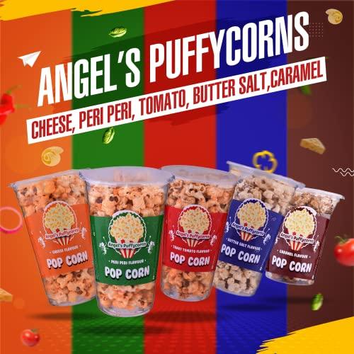Angels Angels Puffycorns Flavoured Ready to Eat Popcorn - Mix Flavour - Pack of 6 Units (2 Cheese, 1 Tangy Tomato, 1 Butter Salted, 1 Peri Peri & 1 Caramel)