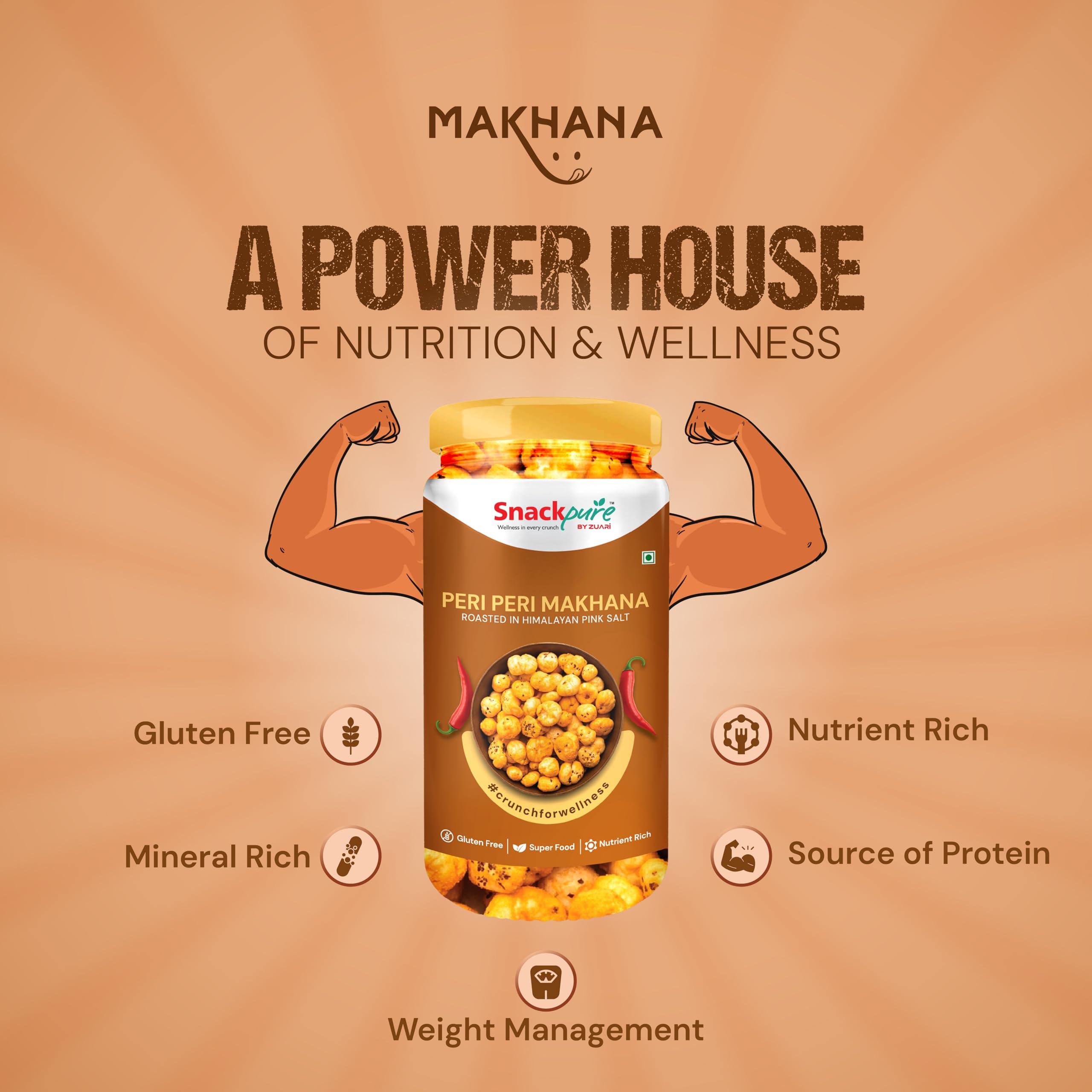 SNACKPURE BY ZUARI wellness in every crunch Snackpure Peri Peri Roasted Makhana | Healthy Puffed Snack | Gluten-Free Superfood | Nutrient-Rich Foxnut, Trans-Fat-Free, Delicious, and Nutritious Snack | 150g (Pack of 2, 75g Each)