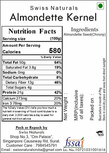 Swiss Naturals Swiss Naturals Almondette Kernels | Charoli Dry Fruits | Chironji Seeds Organic | Chiraunji Dana, 900 gm