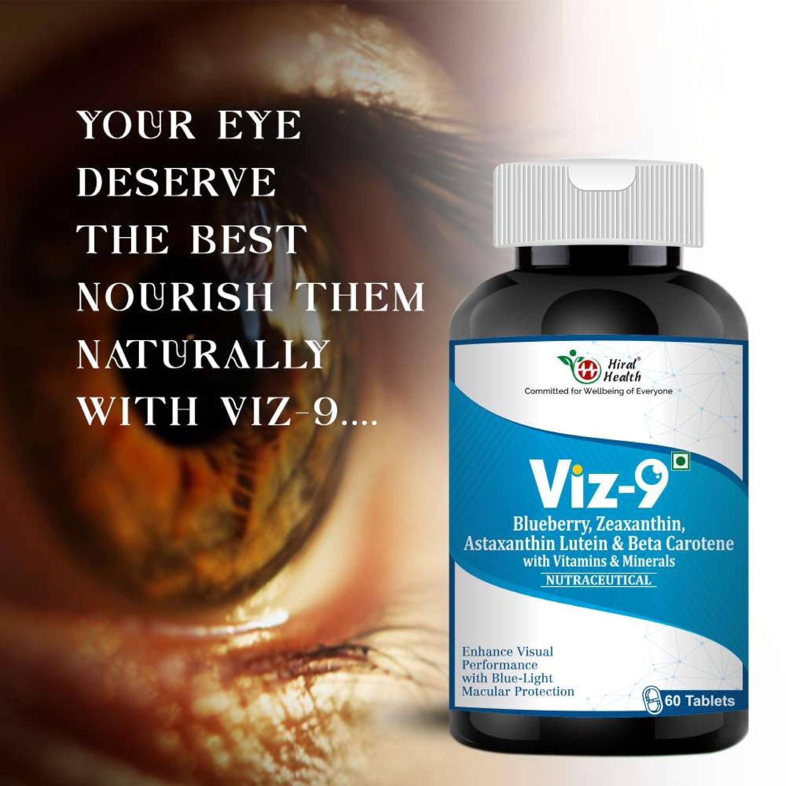 Hiral Health Hiral Health\'s Viz-9 Tablets: Advanced Eye Vitamin with Lutein, Zeaxanthin, Astaxanthin, and Vitamin A eye supplements to improve vision, Protect from Blue Light and UV Rays (60 Tabs)