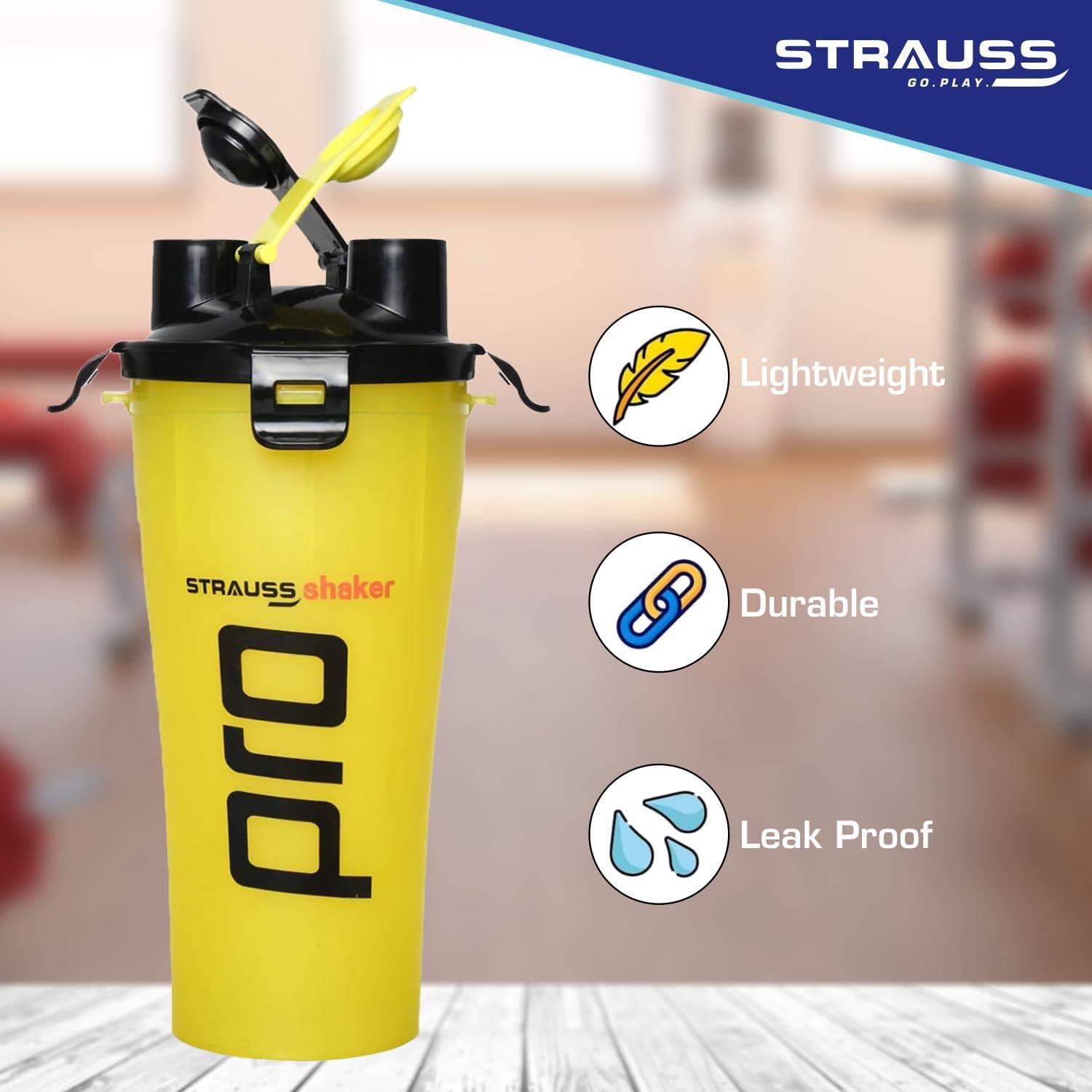 STRAUSS STRAUSS Dual Shaker Pro | Pre & Post Protein Shake On the Go | Leakproof and BPA-Free Material | Dual Shaker Bottle | Protein Shaker Bottle for Gym | Suitable for Both Men and Women, 700ml,(Yellow)
