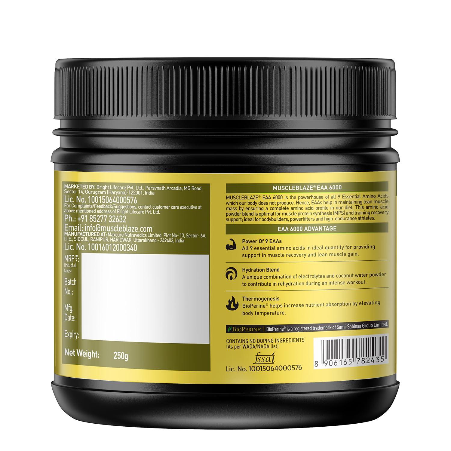 MuscleBlaze MuscleBlaze EAA 6000, 6000mg EAAs Blend Powder (Orange Flavour, 250g, 25 Servings) | 800mg Hydration Blend & 5mg Bioperine