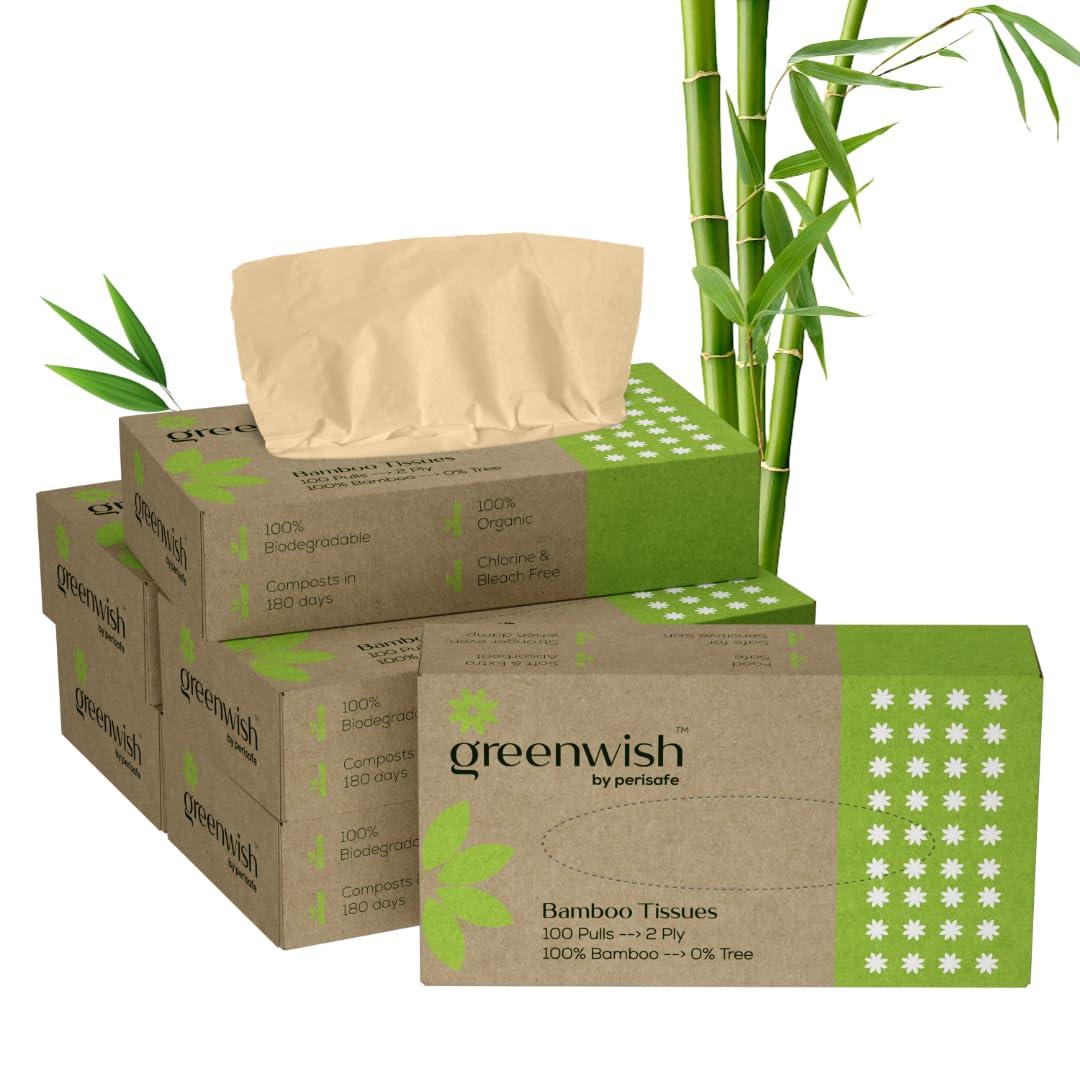 GREENWISH Greenwish Bamboo Soft Facial Tissue Box-100pulls (Pack of 6), 100% Biodegradable, Eco friendly and Chemical Free, Car Tissue Box