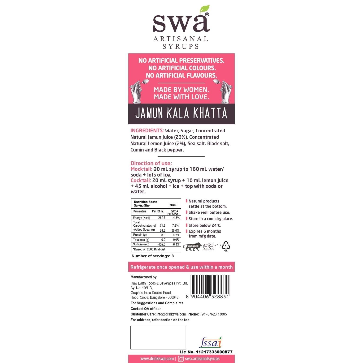 Swa Artisanal Syrups Swa Artisanal Syrups - Jamun Kala Khatta, 100% Natural, Liquid, 250Ml Makes 10-15 Drinks, Syrup For Cocktails/Mocktails/Lemonades/Ice Gola/Craft Coffee