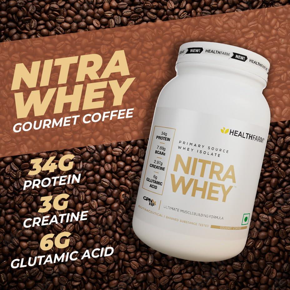 HEALTHFARM Healthfarm Nitra Whey Protein | 34g Protein Per Serving & 3g Added Creatine | Blend of Isolate & Concentrate Protein (Belgian Chocolate, 1kg)