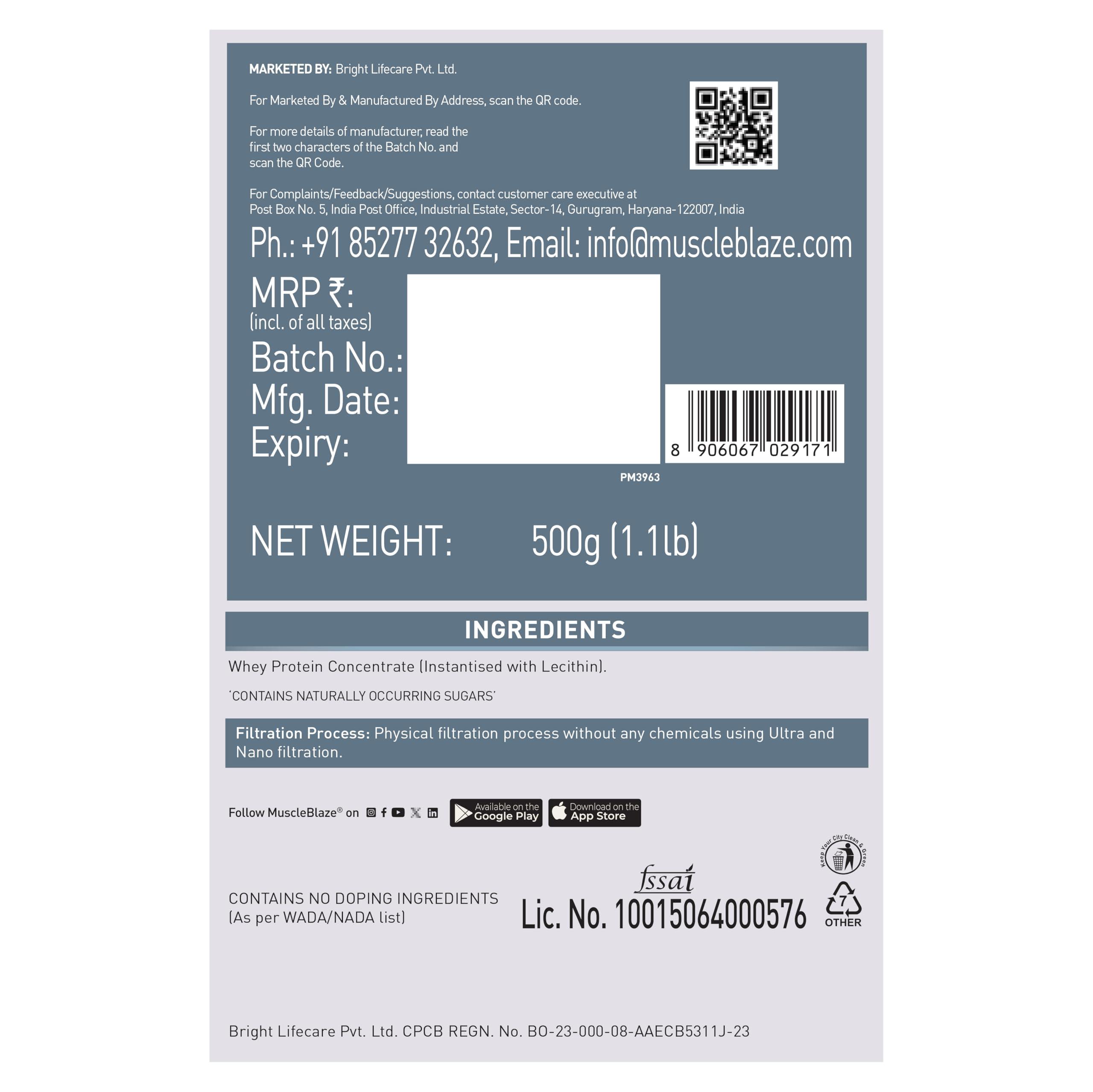 MuscleBlaze MuscleBlaze Raw Whey Protein Concentrate 80% with Added Digestive Enzymes, Labdoor USA Certified (Unflavoured, 500 g / 1.1 lb)