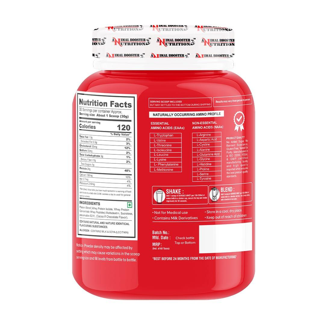 Animal Booster Nutrition Animal Booster Nutrition Serious Whey Protein | 24g Of 48% Whey Protein | Whey Protein Powder for Muscle Support & Recovery, Vegetarian(Chocolate Flavor, 1kg)