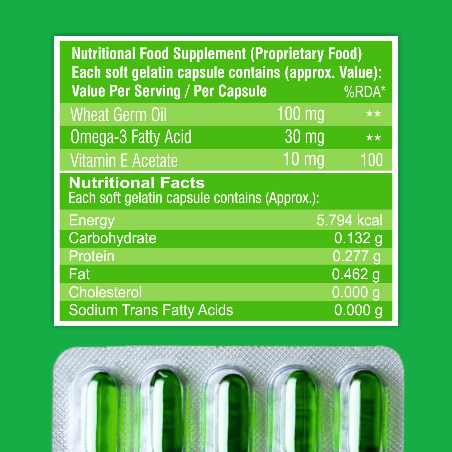 Bioford Bioford Evaford-E Rich Supplement of Omega 3 Fatty Acid and Vitamin E, Wheat Germ Oil for Better Heart, Improve Hair and Skin (10 Capsules)