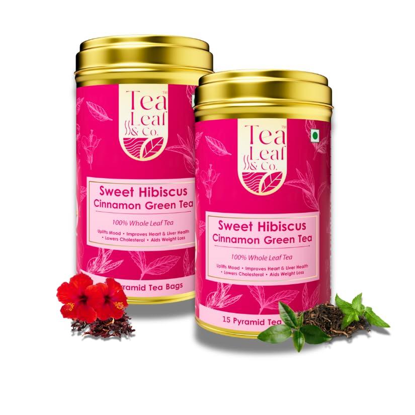Tea Leaf & Co. Tea Leaf & Co. Sweet Hibiscus Cinnamon Green Tea (30 Pyramid Tea Bags Pack of 2) | Improves Immunity | Antiseptic Properties | Boost Sleep Quality - Brew Hot Tea or Iced Tea