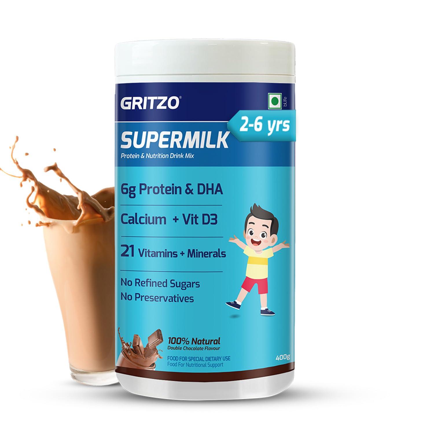 Gritzo Gritzo SuperMilk Overall Growth (2-6y), 6g Protein Powder (Double Chocolate, 400g) | Zero Refined Sugar, 21 Vitamins & Minerals