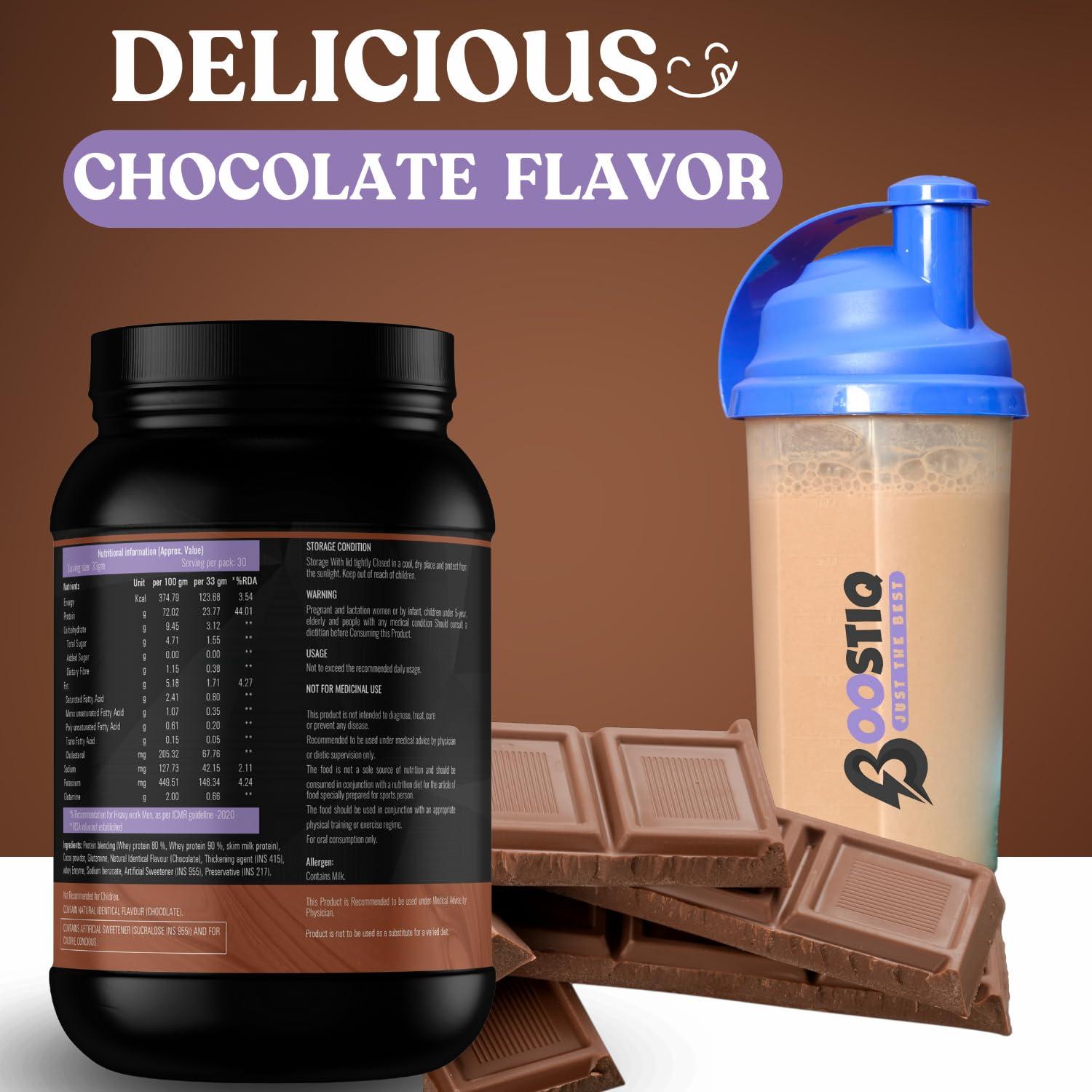 BOOSTIQ BOOSTIQ Whey Protein Concentrate 1KG Chocolate (30 Servings) | Fast Absorbing And Easy to Digest 100% Authentic Whey Protein Powder For Women, Men & Athletes | 23.7g Pure Protein Per Scoop (1KG, Chocolate)