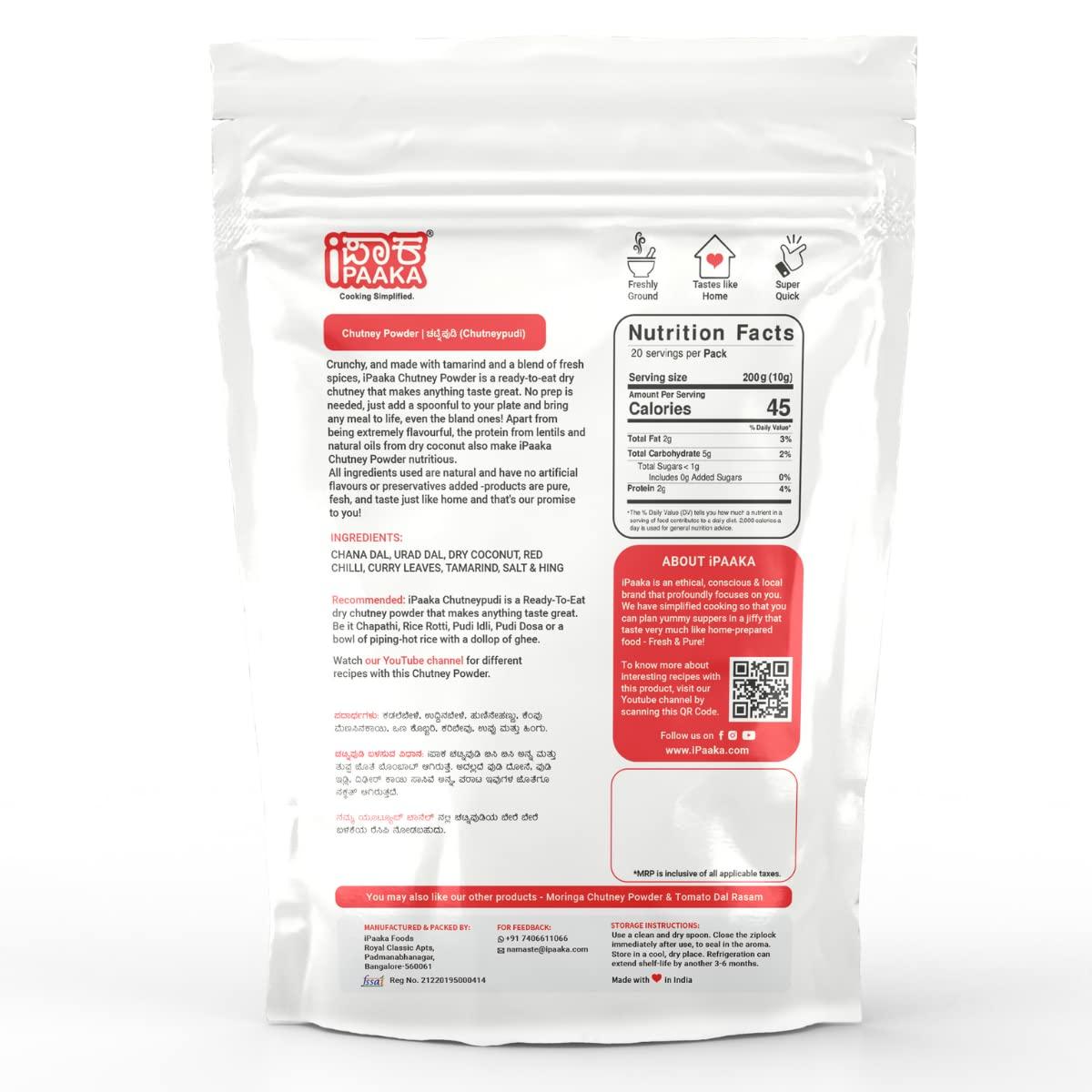 iPaaka iPaaka Chutney Powder, 200g, Ready To Eat in 10 mins,Taste of Karnataka, Chemical Free, Healthy Seasoning, Vegan-No Artificial Colors/Flavours & No Preservatives