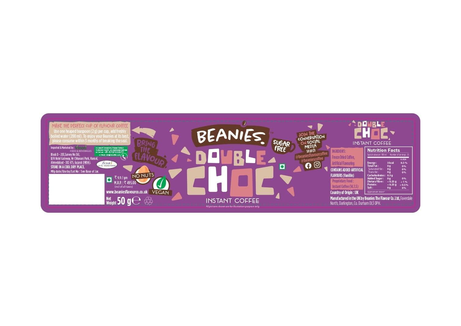 Beanies The Flavour Co BEANIES Flavoured Instant Coffee Powder - Double Chocolate Hot & Cold Coffee Makes 25 Cups 100% Arabica Light Roasted Coffee Sugar Free 50g. Bottle (Double Chocolate)