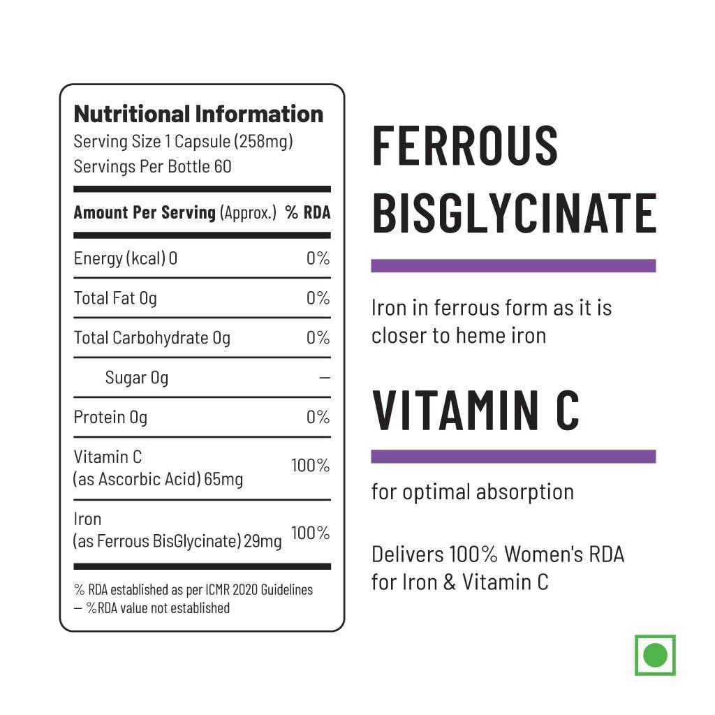 Unived Unived Women\'s Iron | Iron BisGlycinate Supplement for Women with Ferrous bisglycinate & Vitamin C for Optimal Absorption | Essential for Vegan & Veg Diets | Zinc Free | 60 Vegan Capsules