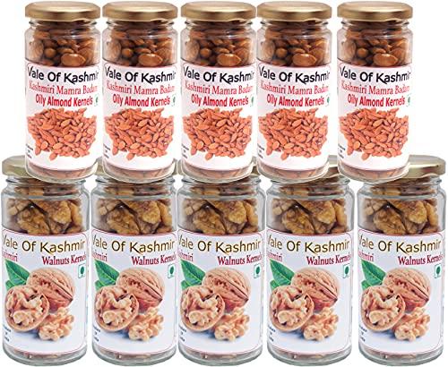 Vale Of Kashmir Vale Of Kashmir Kashmiri Walnut Kernels & Kashmiri Mamra Almonds in Glass Bottle 1kg , Pack of 10 Kashmiri Akhrot Bdam Giri 500gm Each