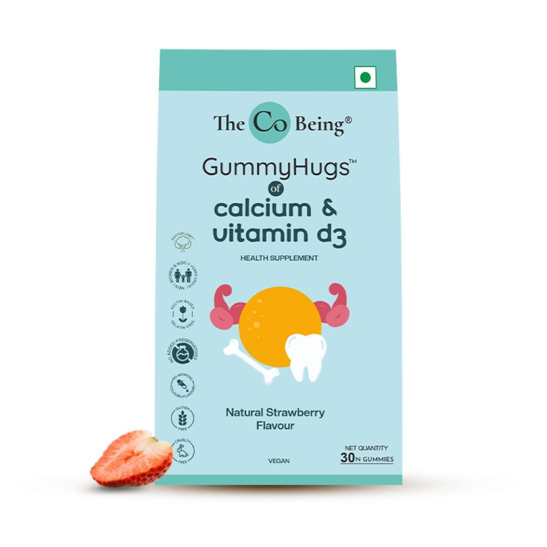THE CO BEING The Co Beings Calcium Gummies with Vitamin D3 for Men, Women, and Kids, Vitamin D Supplement for Stronger Bones, Joints, and Teeth Health, Dairy Free, Vegan, 30 Day Supply, Natural Strawberry Flavour
