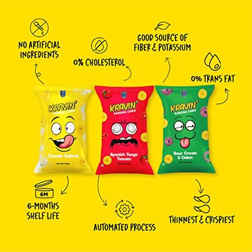 KRAVIN Kravin Party Pack Banana Chips | Ultra-thin & Crispy Banana Chips | Traditional Kerala Flavour | Flavours- Classic Salted, Sour Cream & Onion, Spanish Tango Tomato | Pack of 3 x 100 grams each