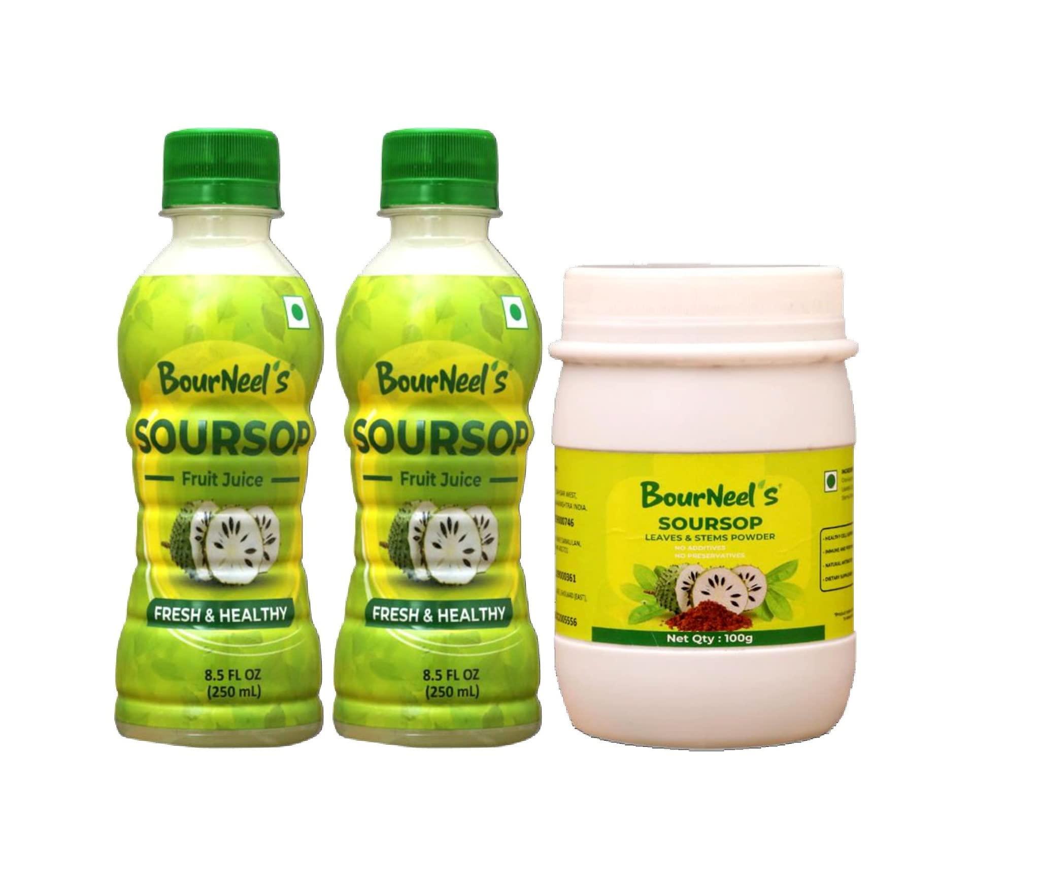 BourNeel's BourNeel\'s Soursop Pack of 2 (2 Soursop Fruit Juice 250ml + 1 Soursop Leaves & Stems Powder 100gm) | Immunity & Energy Booster | Fresh Organic Natural & Real Healthy Graviola Laxman Phal Pulpy Juice Drink |Soursop Kadha Tea | High Vitamin C |