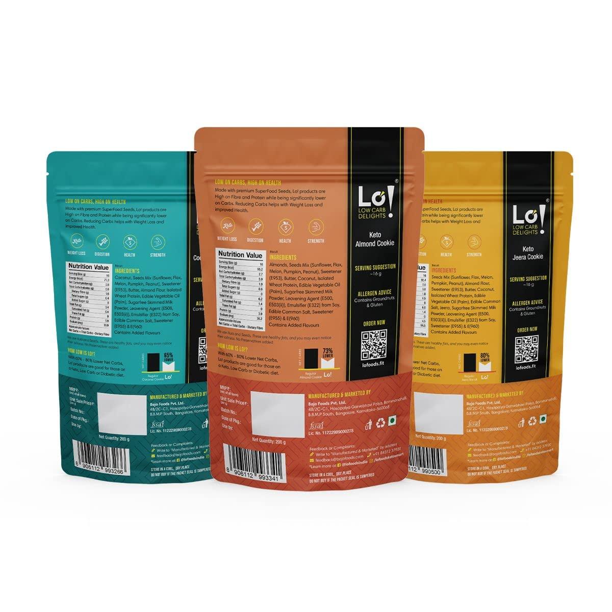 Lo! Foods Lo! Foods - Keto Cookies Combo (600g) | Diabetic Friendly | Sugar Free Biscuit | Low Carb Keto Snacks | Diet snacks for Healthy Eating | Zero Added Sugar - (200g x Pack of 3)