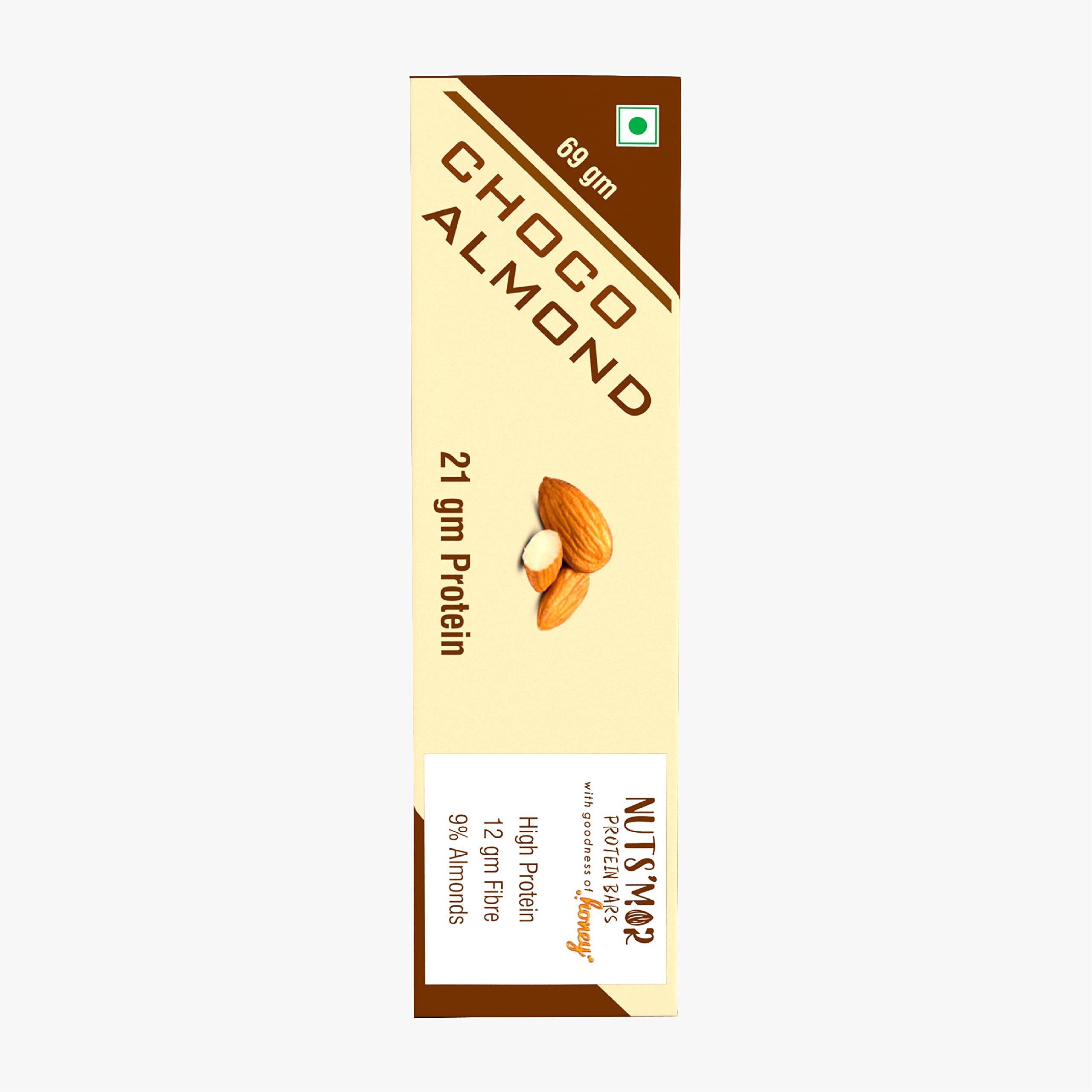 NUTS'MOR NUTS'MOR- Protein Bars-Choco Almond 21gm Protein Bar- Pack of 6 (6 x 69g) - No Added Sugar - All Natural