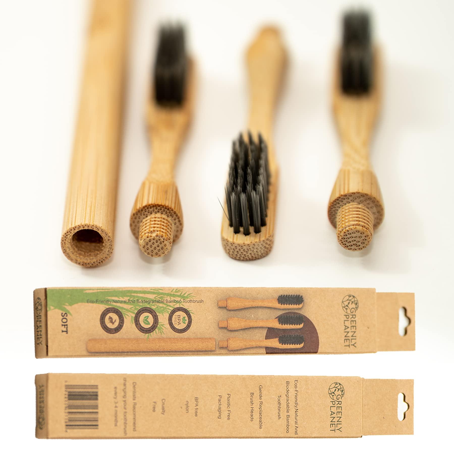 greenlyplanet greenlyplanet Bamboo Toothbrush Handle with 3 Replaceable Heads - BPA Free & Cruelty-Free Soft Bristles - Eco-Friendly Removable Toothbrush Set - Biodegradable & Compostable Wooden Toothbrushes