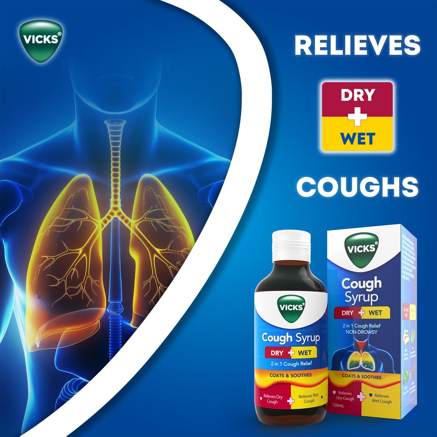 Vicks Vicks Cough Syrup, 100ml Bottle - Fast Relief for Dry & Chesty Coughs with Tulsi & Ginger, Ayurvedic Ingredients, Non-Drowsy Formula, Easy to Carry, Over-the-Counter (OTC)