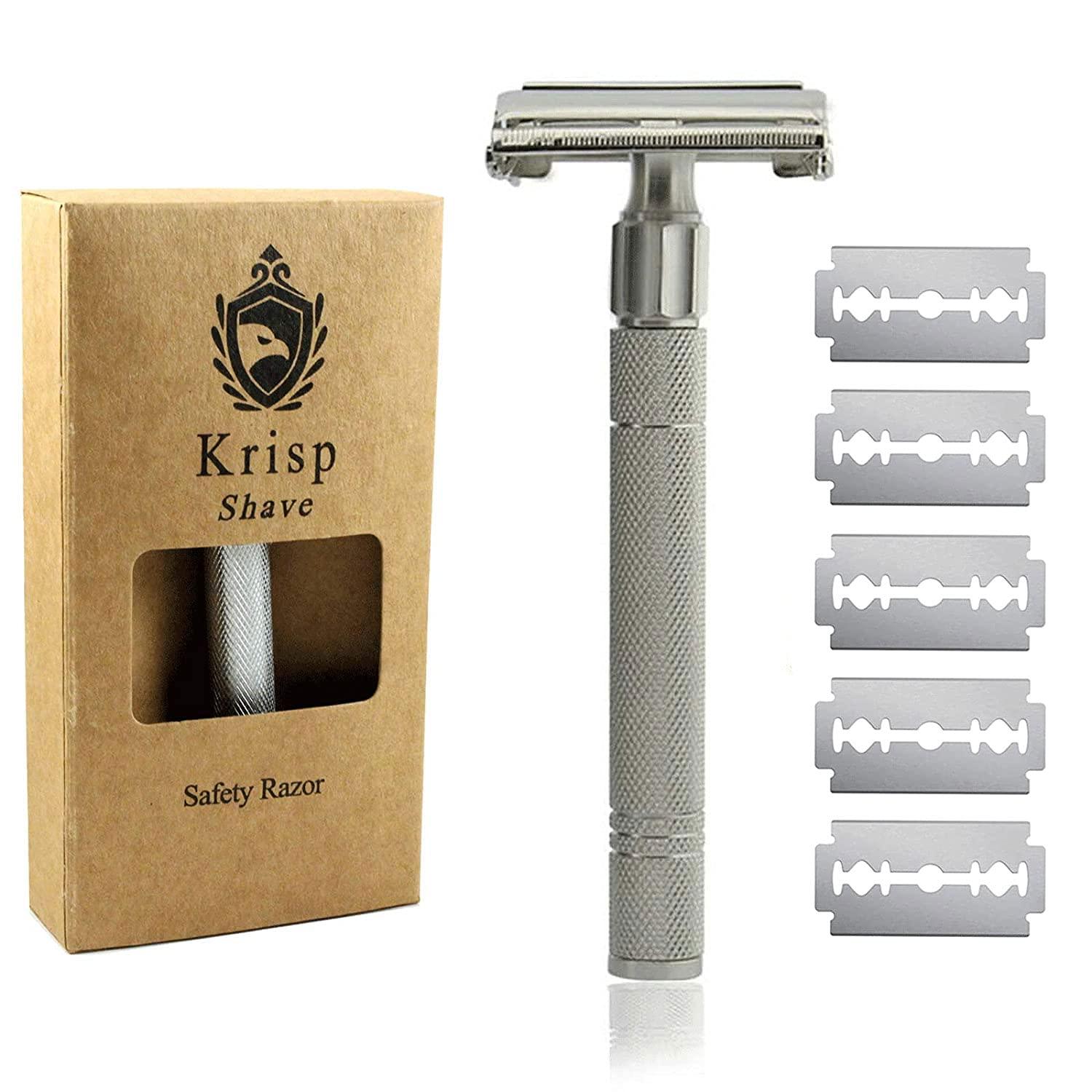 Krisp Beauty Krisp Beauty Long Handled Double Edge Safety Razor, Butterfly Open Men Women Shaving Razor with 5 Premium Shave Blades