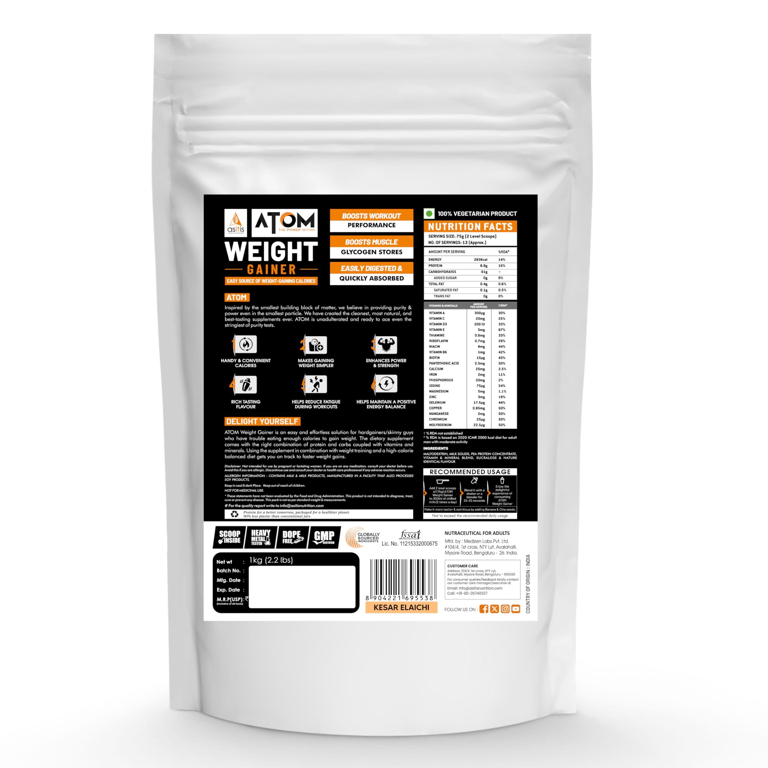 Asitis Nutrition Asitis Nutrition Atom Weight Gainer Powder 1Kg | 61.1G Carbs & 8.8G Proteins | Easy Source Of Weight-Gaining Calories | Boosts Workout Performance | Kesar Elaichi Flavor