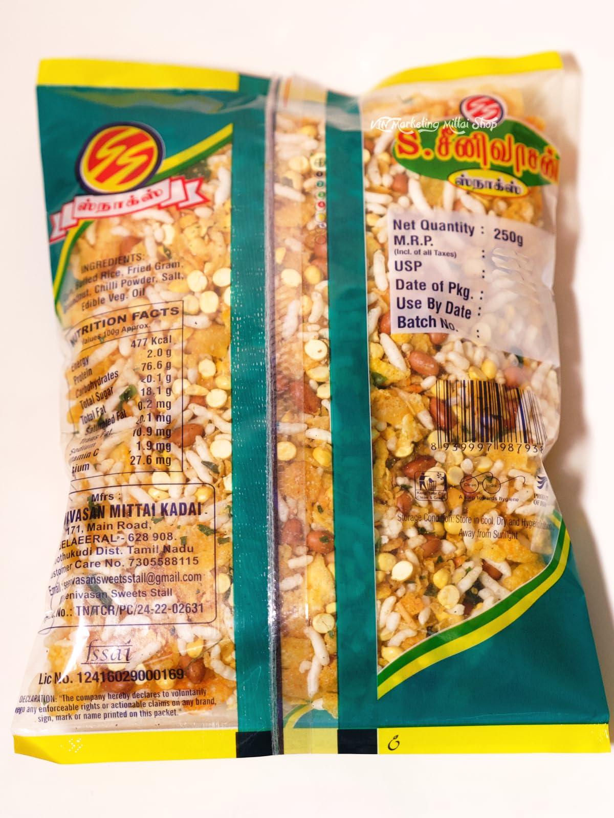 S. SEENIVASAN MITTAI KADAI S SEENIVASAN Corn Mixture 250g | Sweet Sevu 250g | Kovilpatti Kadalai Mittai 250g - Pack of 3 (750g)