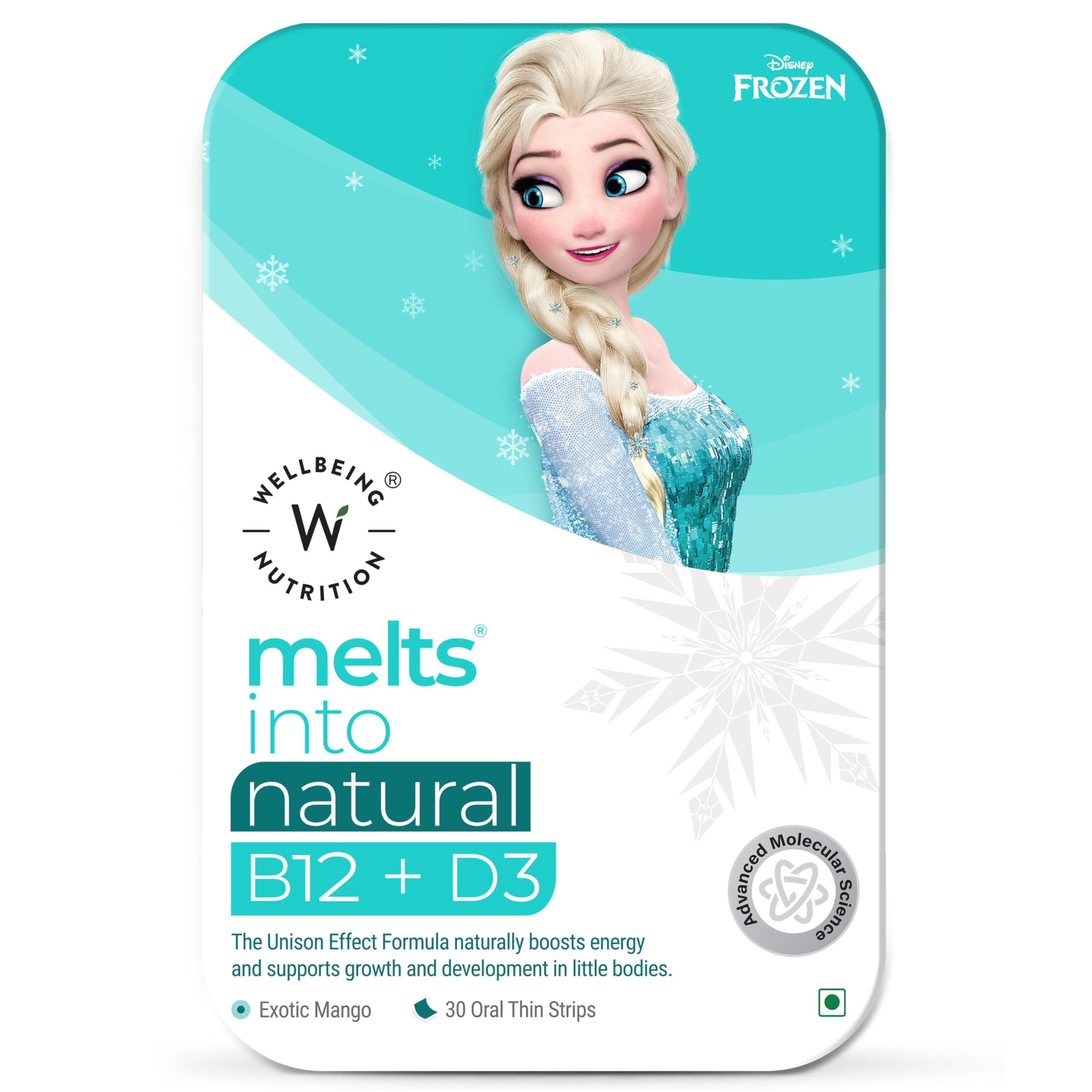 Wellbeing Nutrition Wellbeing Nutrition Frozen Elsa Melts | Vitamin B12, D3 & K2 for Kids (6+) | Supports Bone & Muscle Health, Cognitive Development & Energy, Heart Health | Exotic Mango Flavor (30 Oral Strips)