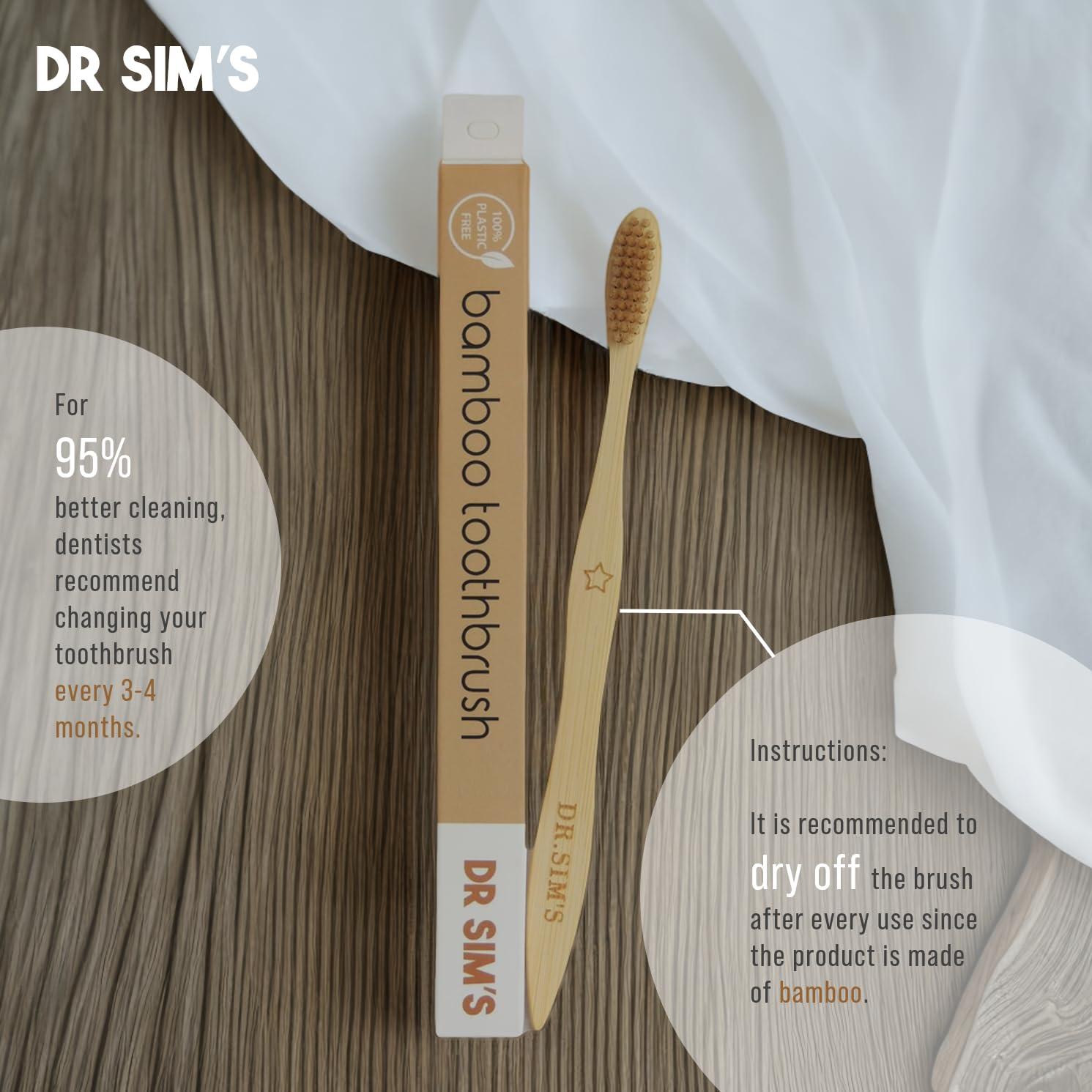 Dr Sim\'s Dr Sim\'s Bamboo Toothbrush | Pack of 4 | 1 Soft Charcoal Black & 1 Ultra-Soft Natural Fibre Beige Bristles for Adults and 2 Colorful Soft Bristles for Kids | Non-Toxic, Sustainable, Vegan, Anti-Microbial