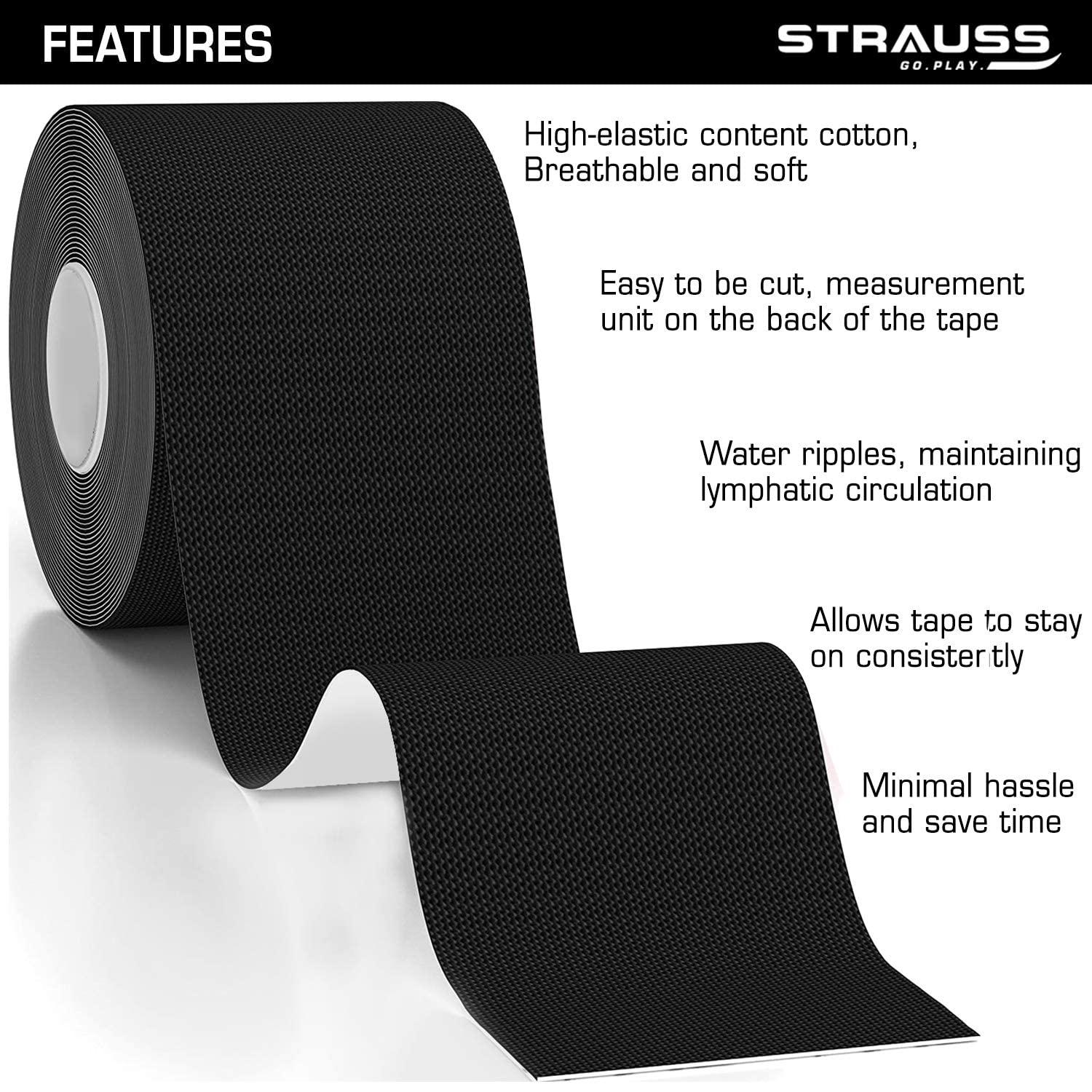 STRAUSS STRAUSS Kinesiology Sports Tape for Knee,Calf & Thigh Support|Waterproof Athletic Sports Tape for Muscle Support,Hand Leg Joint Support & Physiotherapy|Kinesio Tape for Sports Injury,(Black)