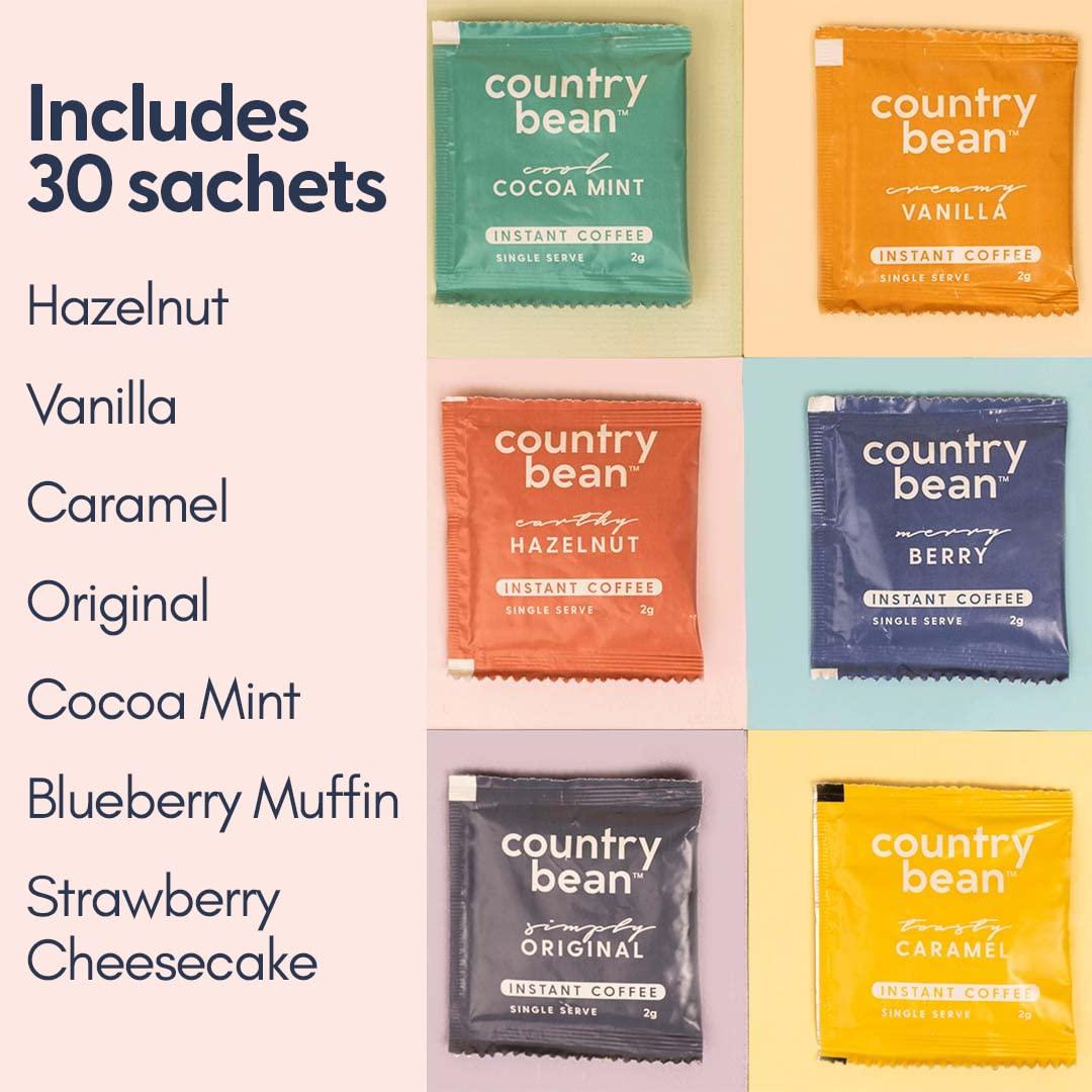 Country Bean Country Bean Assorted Flavour Box (2g x 30 sachets) | 100% Arabica Coffee, Freeze-dried, 6 Sachet Flavours - Hazelnut, Caramel, Vanilla, Original, Blueberry Muffin, Strawberry Cheesecake