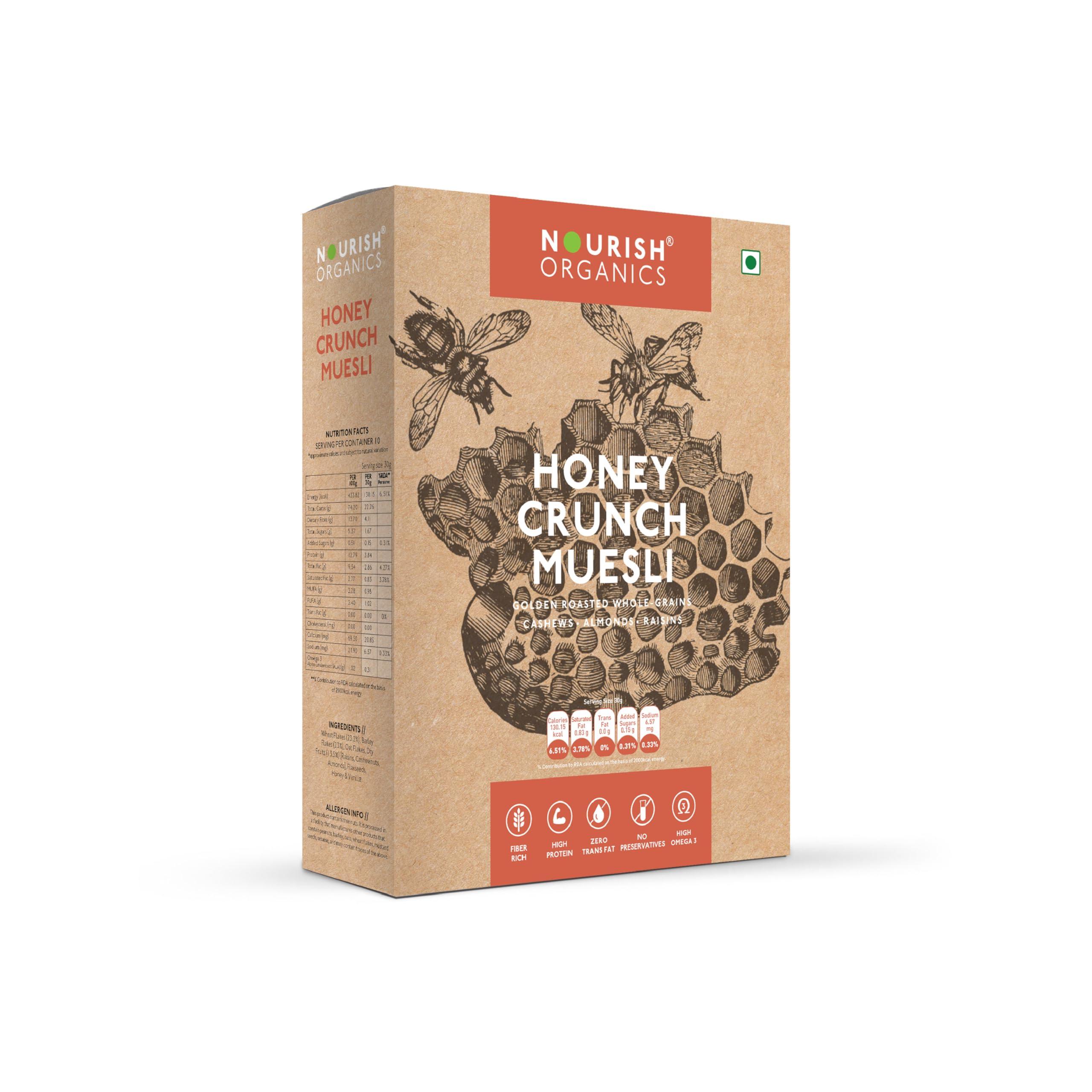 Nourish Organics Nourish Organics Honey Crunch Muesli, 300g Pack | Healthy and Nutritious Breakfast Cereals with Whole Nuts | No Refined Sugar | Clean Label