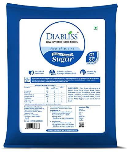 Diabliss Diabliss Diabetic Friendly Herbal Cane Sugar - Free from Chemicals Artificial Sweetener Natural Health and Wellness -LOW GI Sugar 5kg bag.