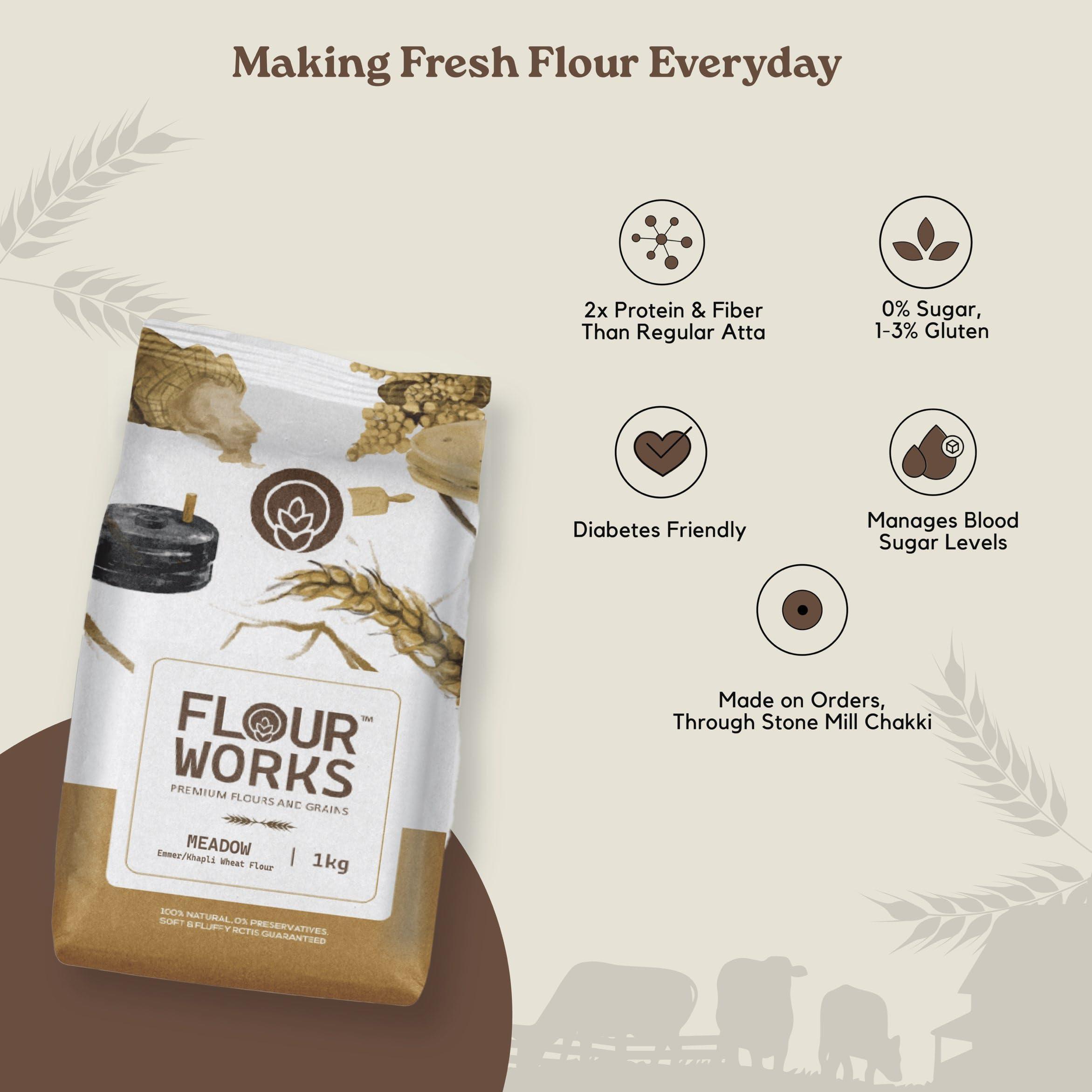 FLOUR WORKS FlourWorks Khapli Wheat Aata, 1kg | Meadow | Emmer Wheat Flour | Nutrient-Rich | High Fibre | Diabetic Friendly Atta | Stone Mill Ground Fresh Flour