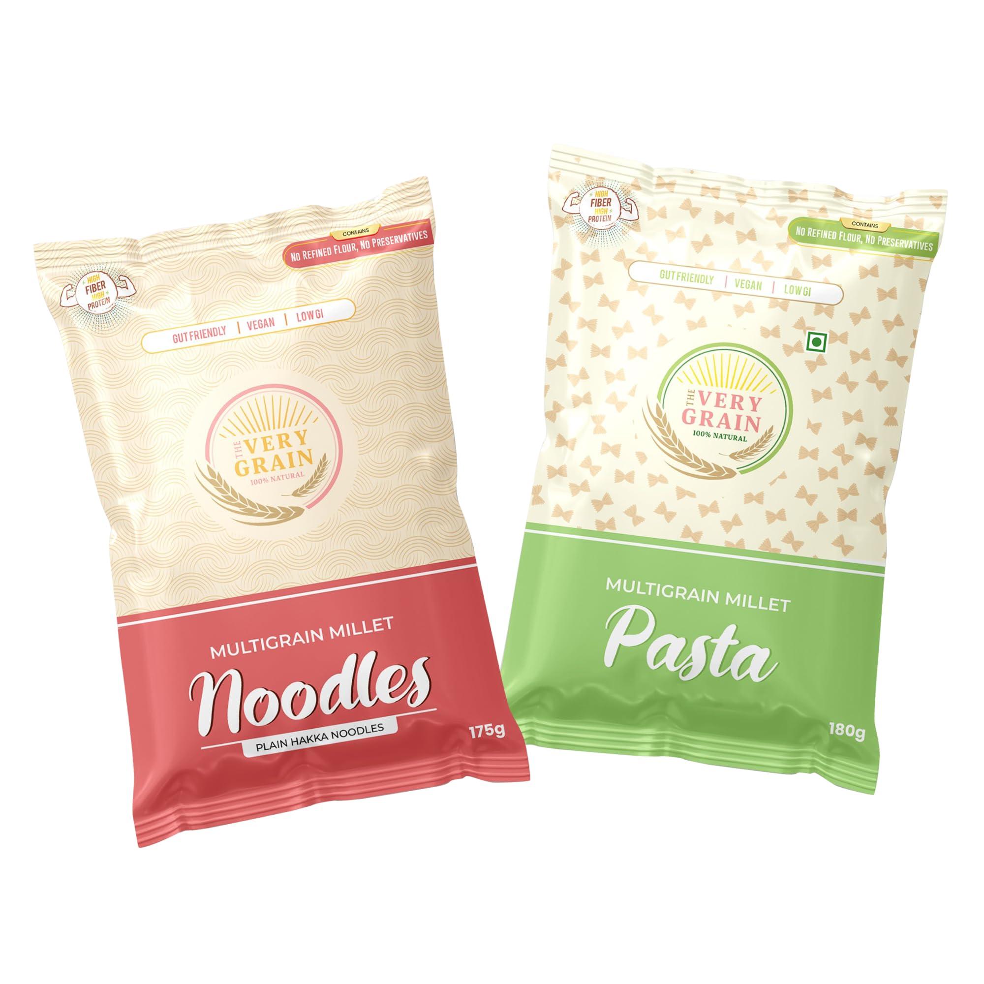 The Very Grain The Very Grain Whole Wheat Pasta (180 Grams) + Noodles (175 Grams) | Protein & Fiber Rich | Easy to Prepare for Breakfast, Dinner | Combo Pack of 2 | Contains Bajra, Ragi, Kodo Multi Millets