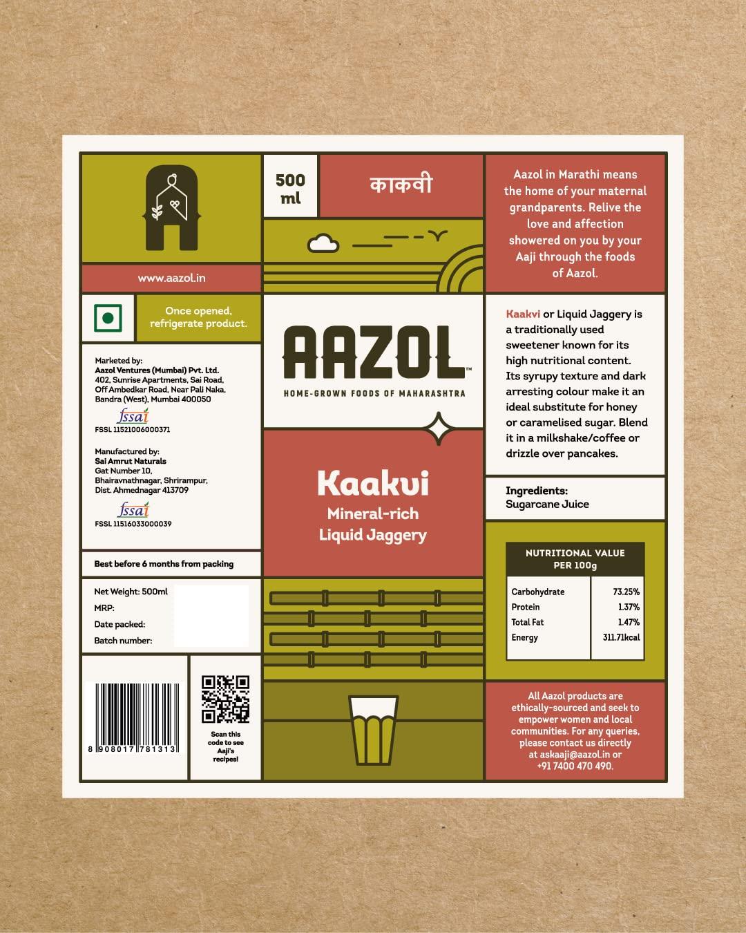 AAZOL Aazol Liquid Jaggery: Kaakvi - 1L (Pack of 2-500ml each) | Healthy Sugar Substitute | Natural By-product of Sugarcane | Mineral-rich & Nutritious | Use in Tea, Coffee, Desserts, Salads & More!
